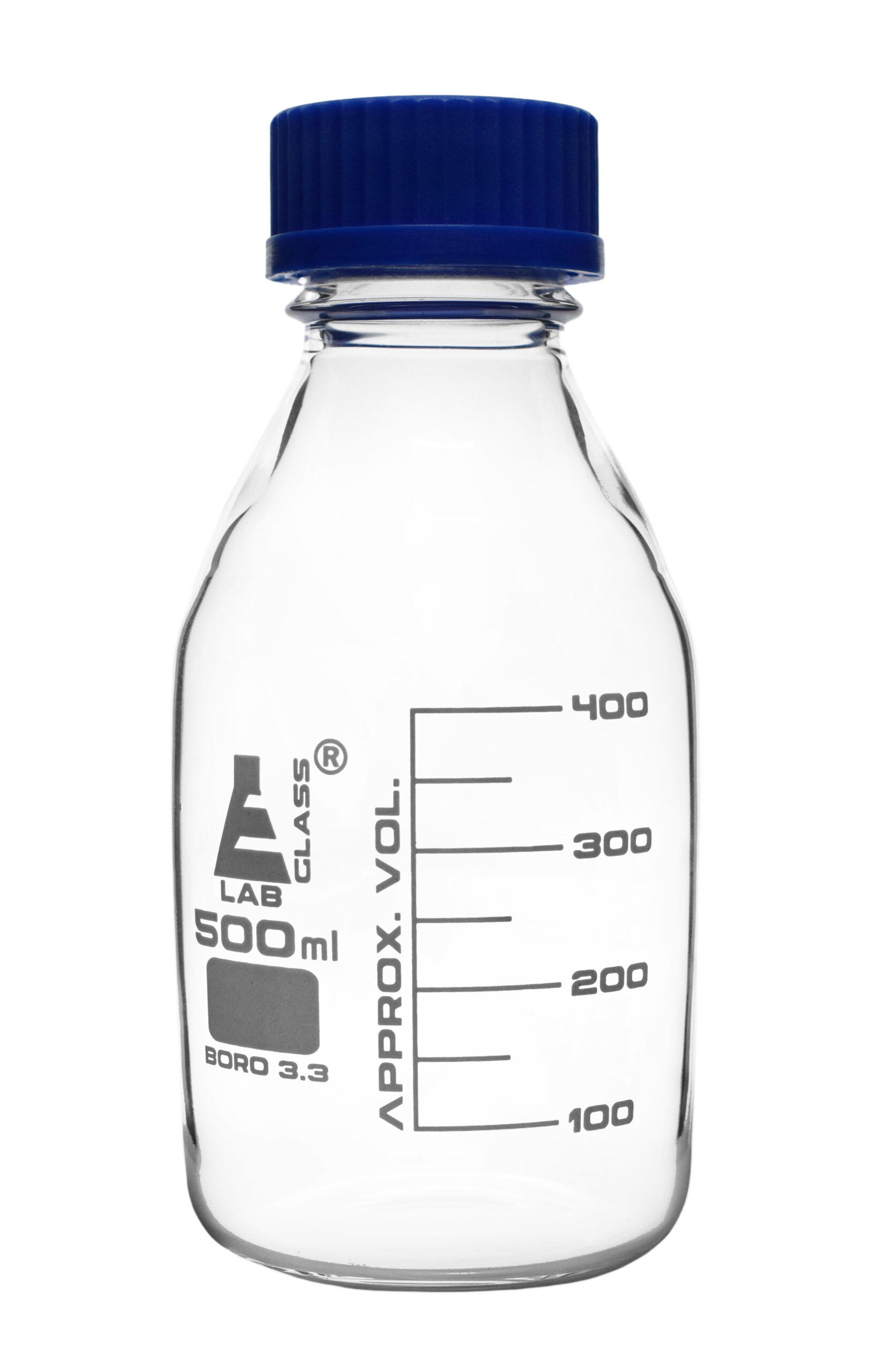 Reagent Bottle, 500ml - Transparent with Blue Screw Cap - White Graduations - Borosilicate 3.3 Glass