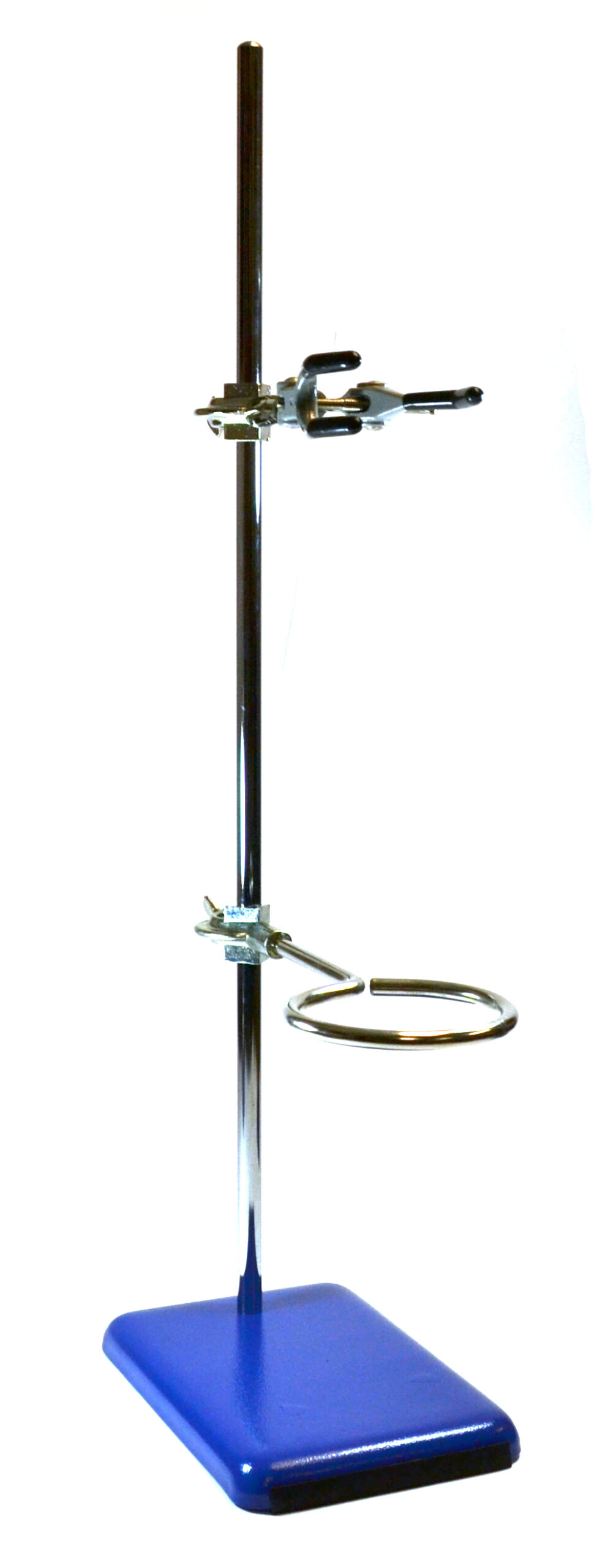 4 Piece Set - Rectangular Retort Stand, Rod, Clamp & Ring Set - 8"x5" Steel Base, 23.6" Stainless Steel Rod, 3" Steel Support Rings, 3-Pronged Coated Clamp