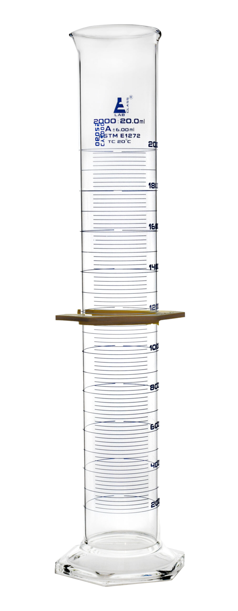 Measuring Cylinder, 2000mL - ASTM, Class A Tolerance ±6.00mL - Protective Collar, Hexagonal Base - Blue Graduations - Borosilicate 3.3 Glass