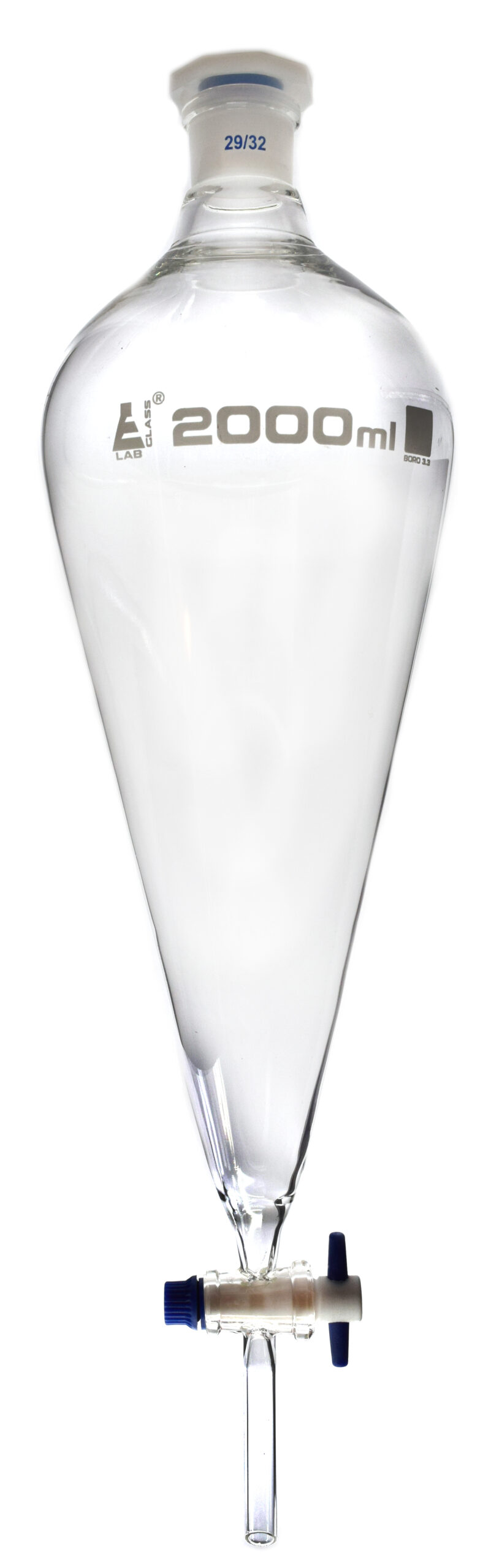 Squibb Separating Funnel, 2000ml - 29/32 Plastic Stopper, PTFE Key Stopcock, Ungraduated - Borosilicate Glass