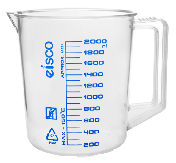 Measuring Jug, 2000ml - TPX Plastic - Printed Graduations - Chemical Resistant, Autoclavable - Short Form - Handle with Thumb Grip