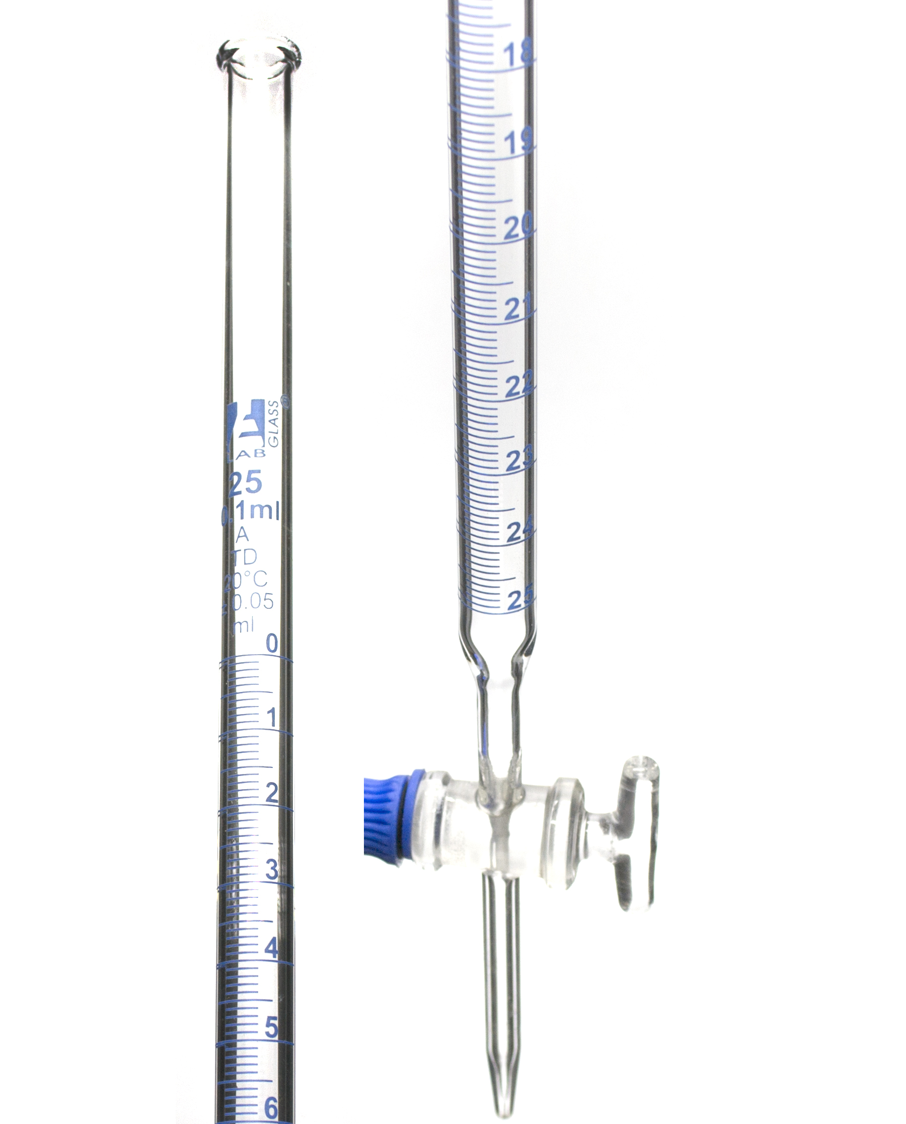 Class A 25mL Borosilicate Burette - 0.1mL Graduations - 0.05mL Tolerance - Glass Key (Smooth) Stopcock - 22.5" Tall