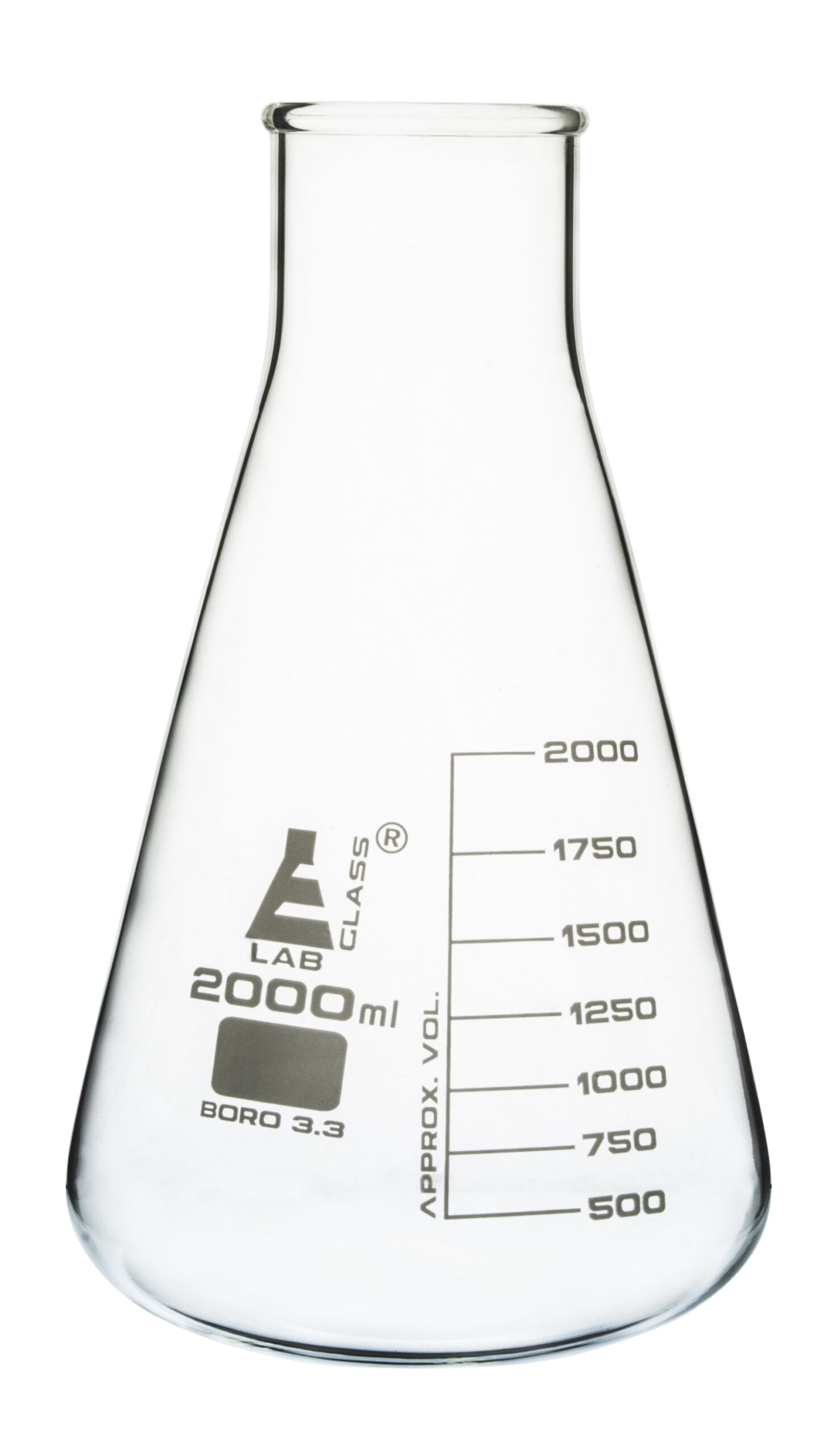 Erlenmeyer Flask, 2000ml - Borosilicate Glass - Wide Neck, Conical Shape - White Graduations