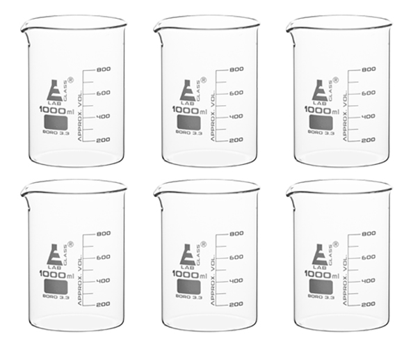 Beakers, Pack of 6 - 1000mL, Borosilicate Glass, 100mL graduations, Low form