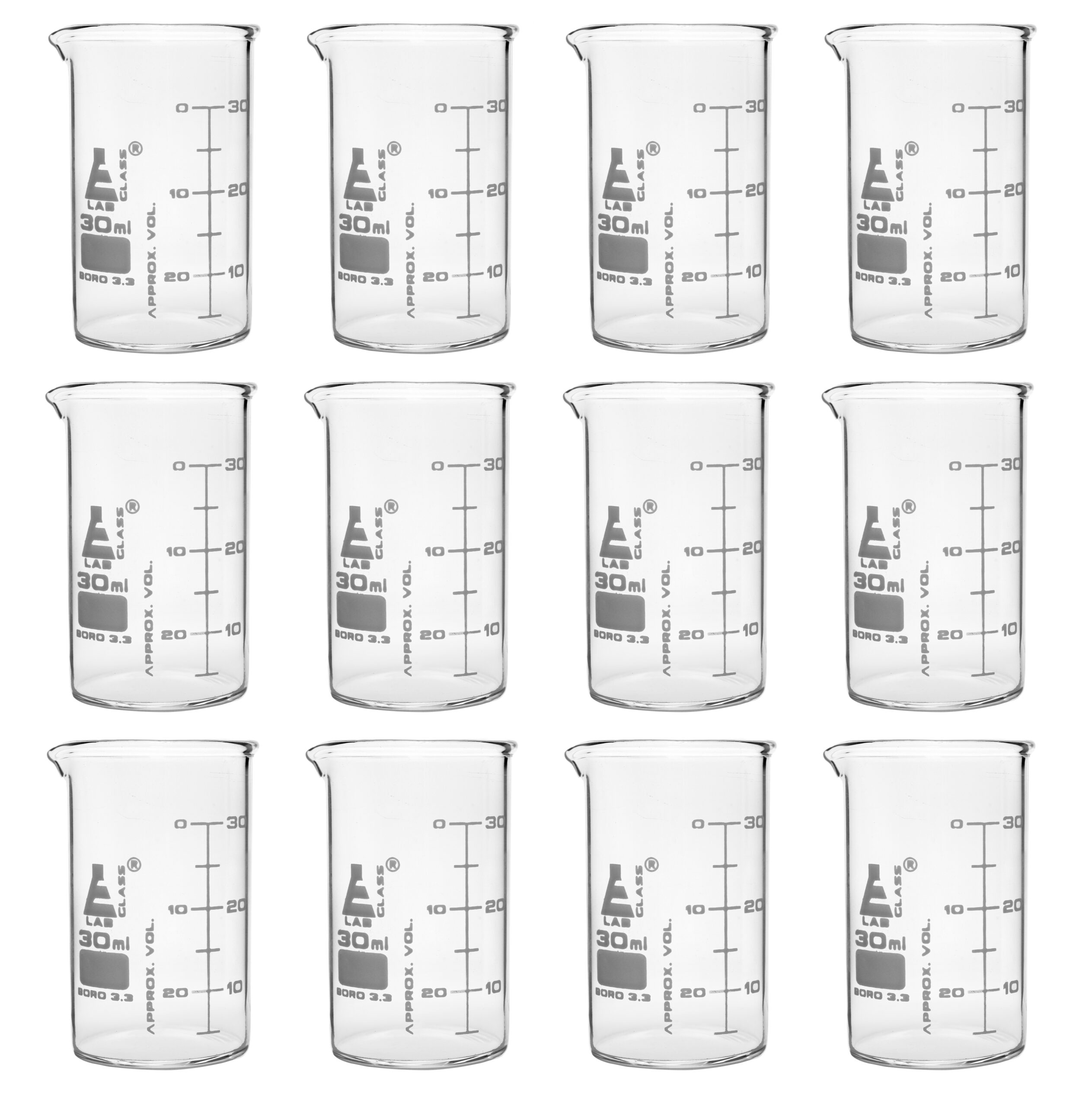 Beaker, 30ml - ASTM - Low Form with Spout - Dual Scale, White Graduations - Borosilicate 3.3 Glass