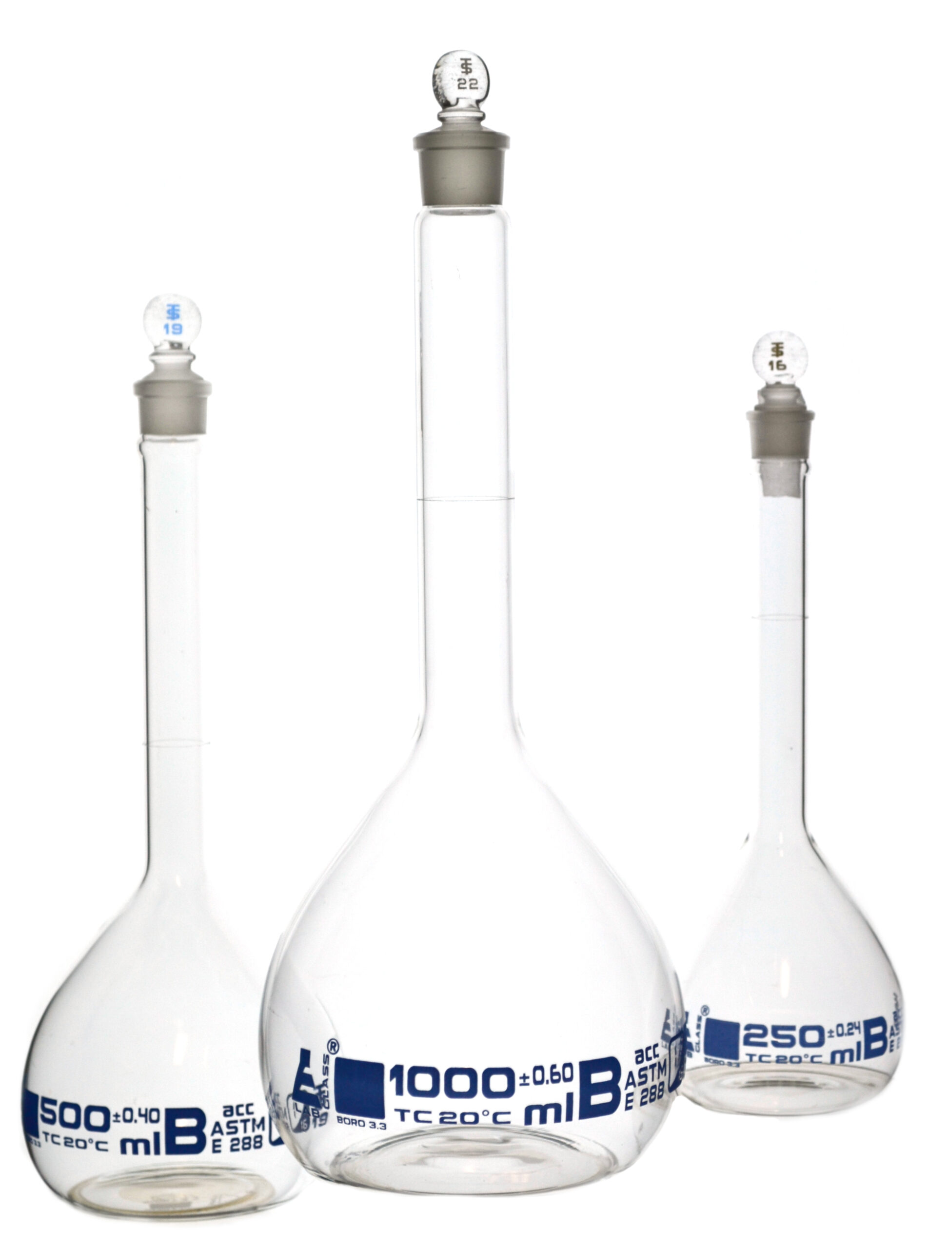 Volumetric Flask Set, 3 Pieces - Class B, ASTM - 250ml, 500ml & 1000ml - Glass Stopper - Blue Graduation
