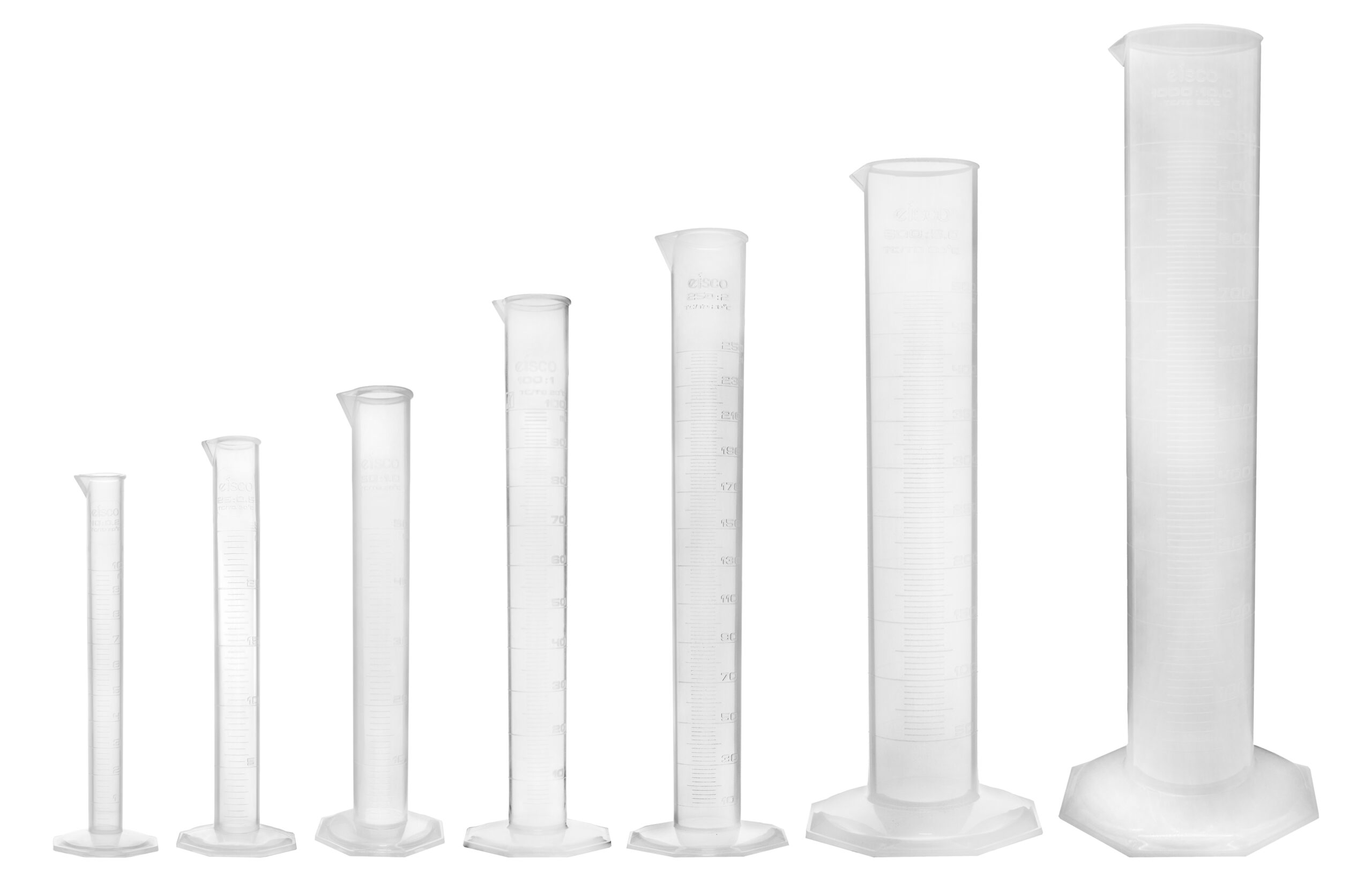7 Piece Polypropylene Cylinder Set - 10ml, 25ml, 50ml, 100ml, 250ml, 500ml & 1000ml - Class B Tolerance - Octagonal Base - Industrial Quality, Autoclavable