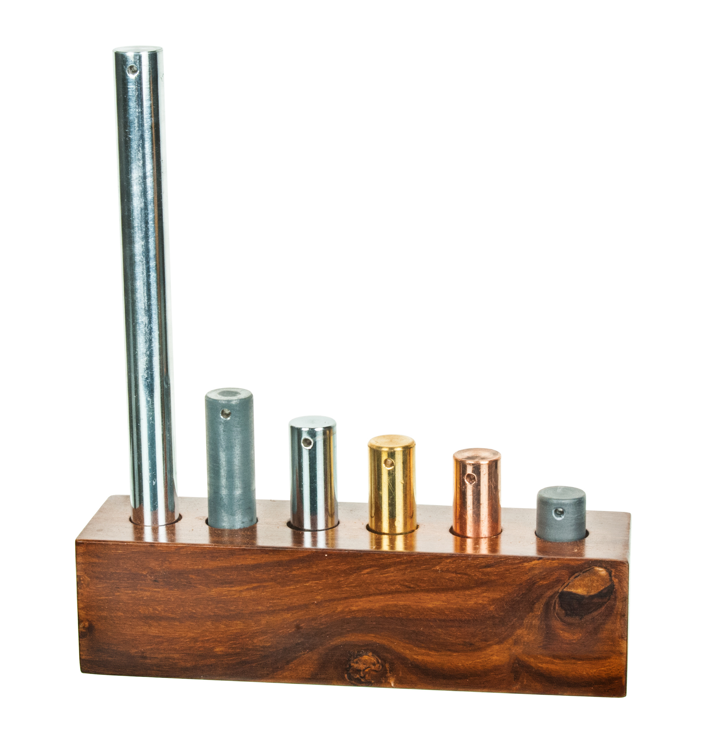 6pc Equal Mass Metal Cylinders Set - Copper, Lead, Brass, Zinc, Iron & Aluminum - Includes Wooden Storage Block - For Specific Heat, Specific Gravity & Density Experimentation