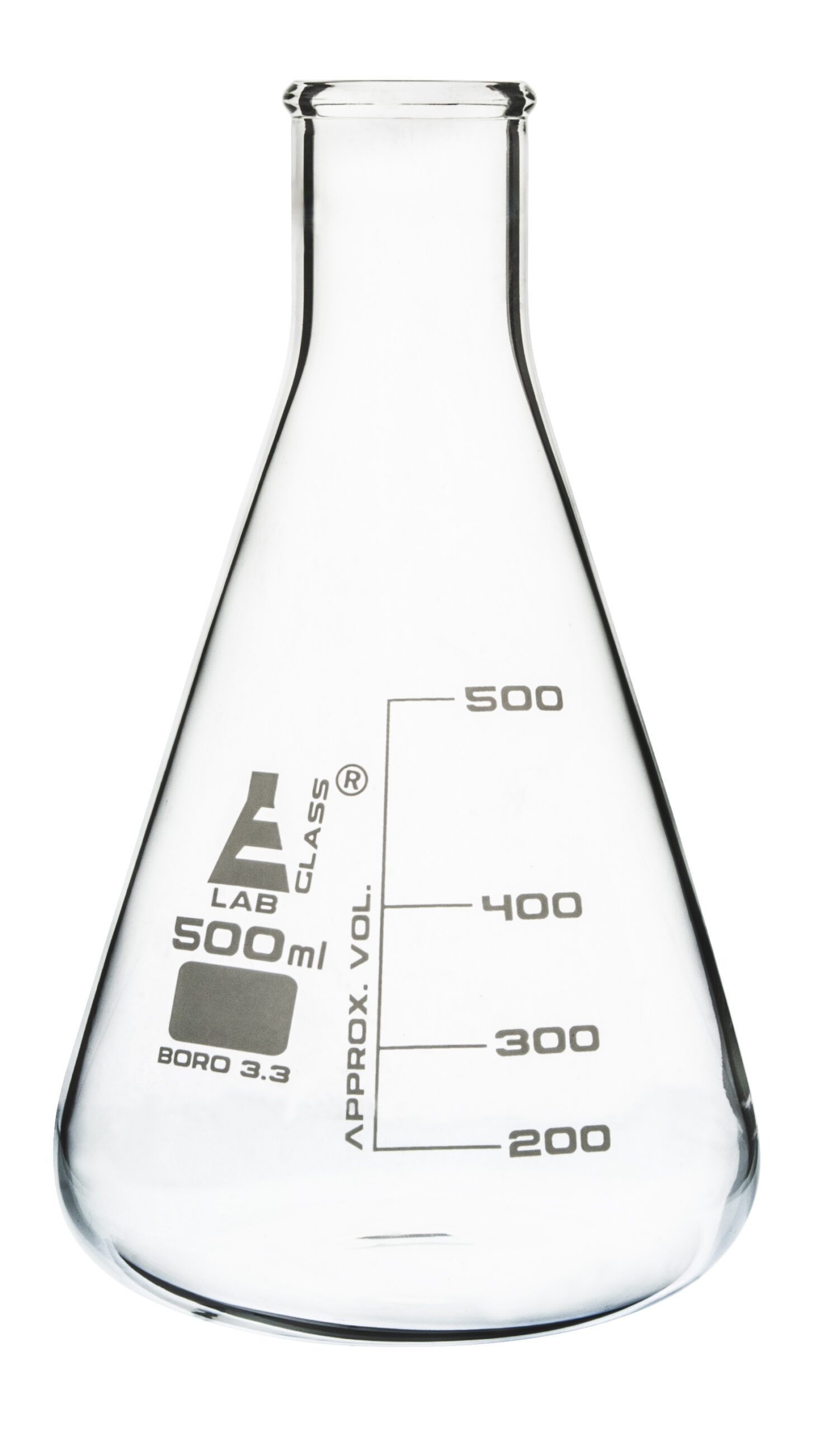 Erlenmeyer Flask, 500ml - Borosilicate Glass - Narrow Neck, Conical Shape - White Graduations