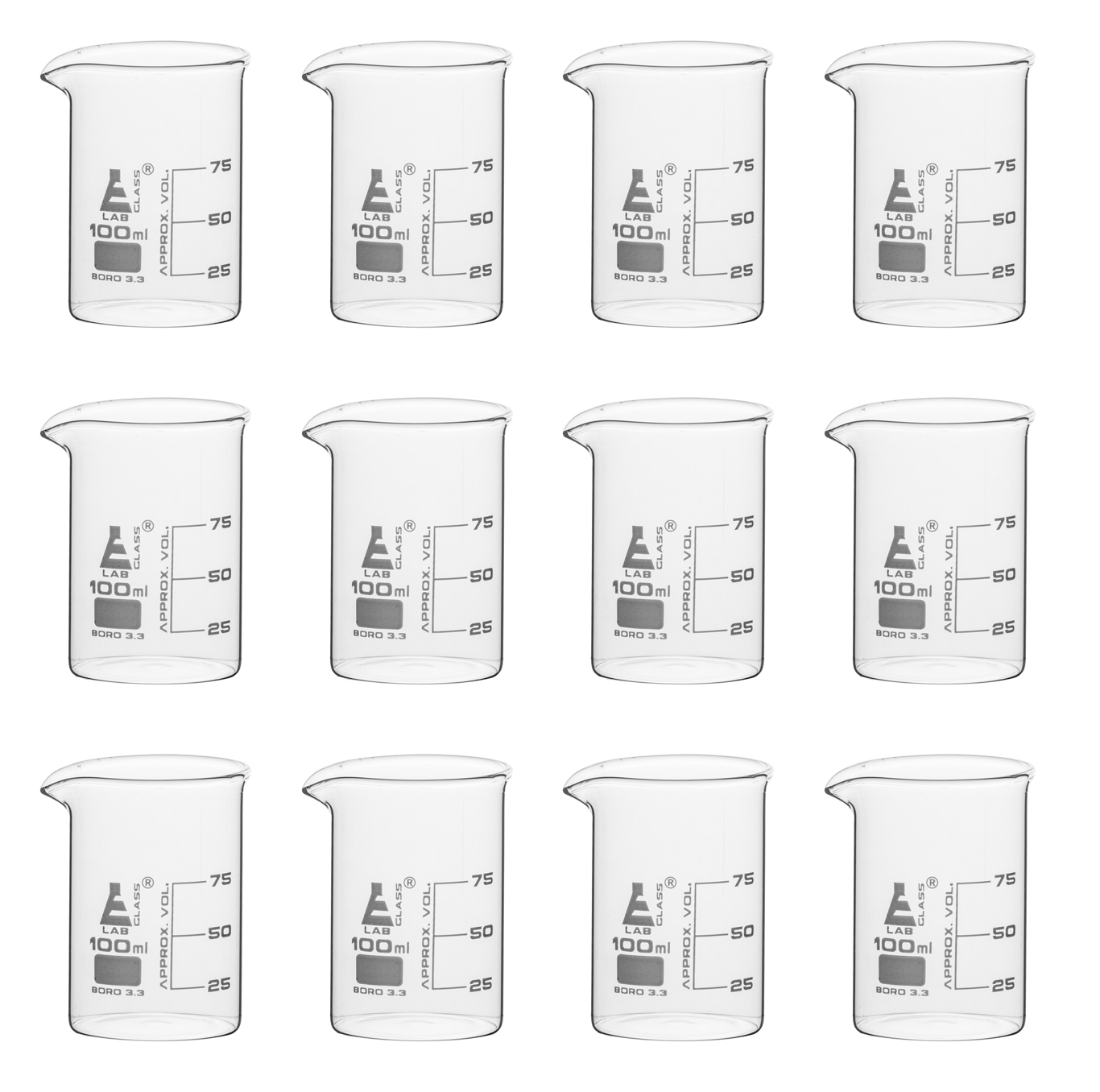 12 Pack Beakers, 100ml - Borosilicate Glass, Low form - 25ml Graduations