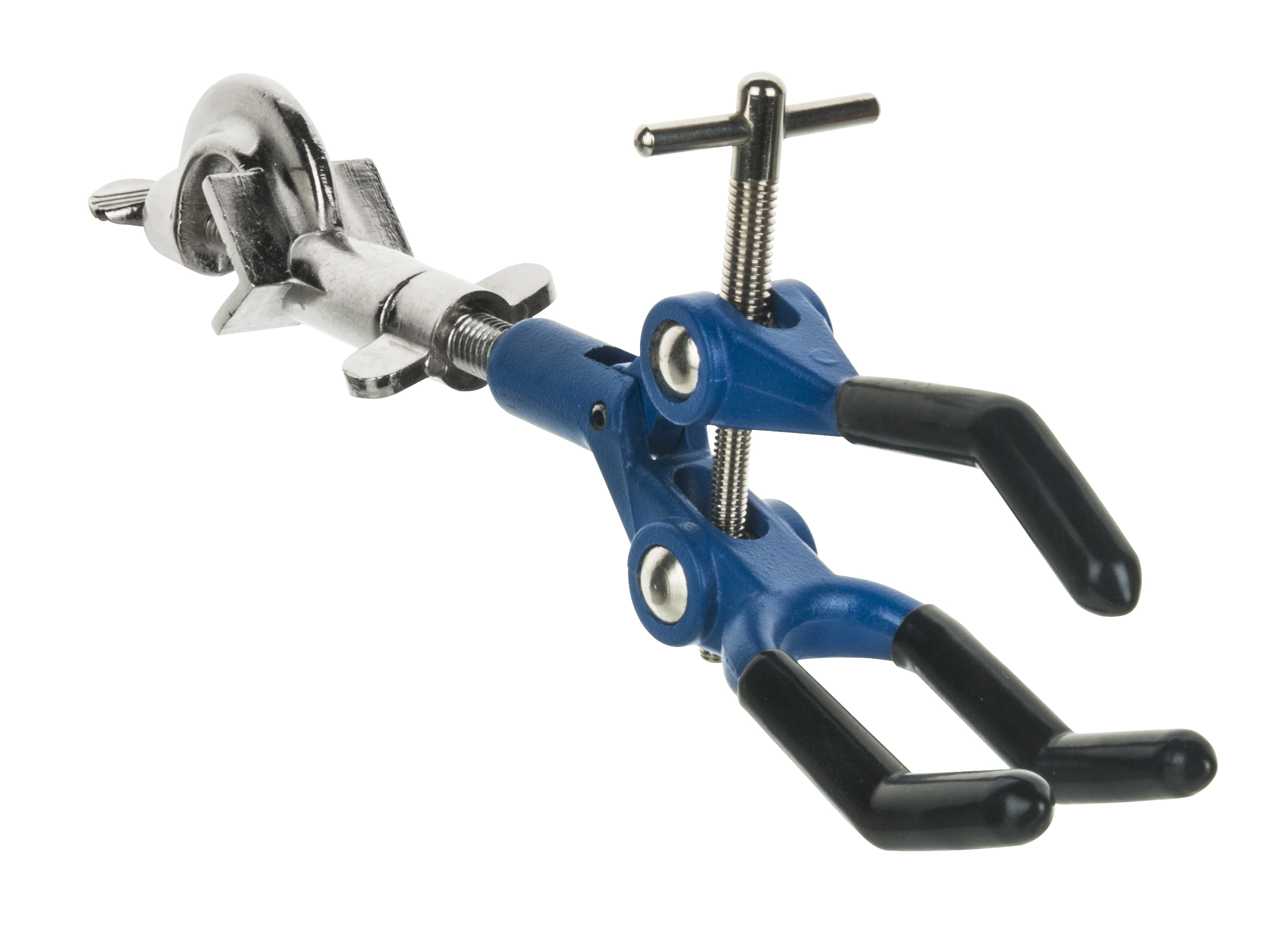 3 Finger, Vinyl Coated Extension Clamp on Swivel Bosshead - 3.4" Max Opening, , 2" Fingers - Bosshead fits up to 18mm Rod - Powder Coated Zinc Alloy - Research, Industrial Lab Grade