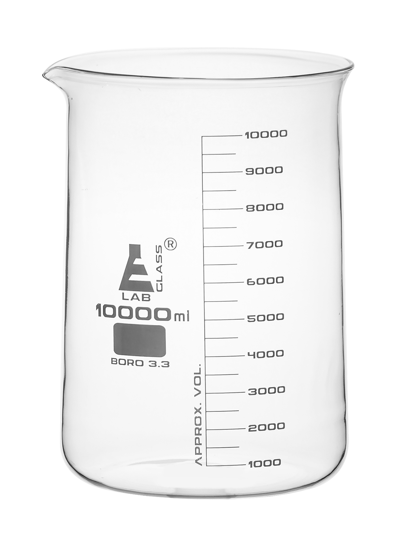 Beaker, 10,000ml - Low Form with Spout - White, 500ml Graduations - Borosilicate 3.3 Glass