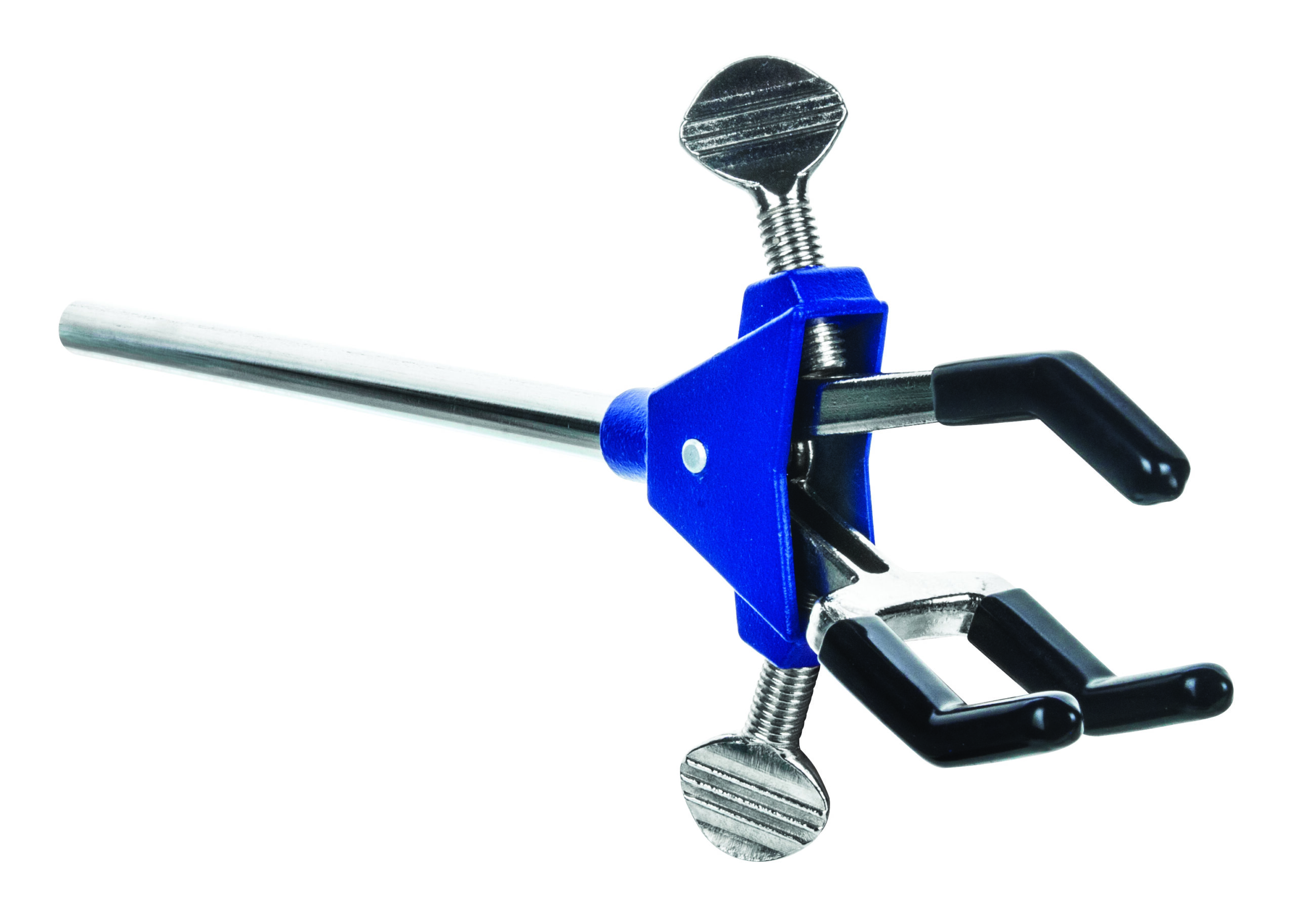 3 Finger, Vinyl Coated Dual Adjustable Extension Clamp on Stainless Steel Rod - 2.3" Max Clamp Opening, 5" Rod - Powder Coated Zinc Alloy - Research, Industrial Laboratory Grade