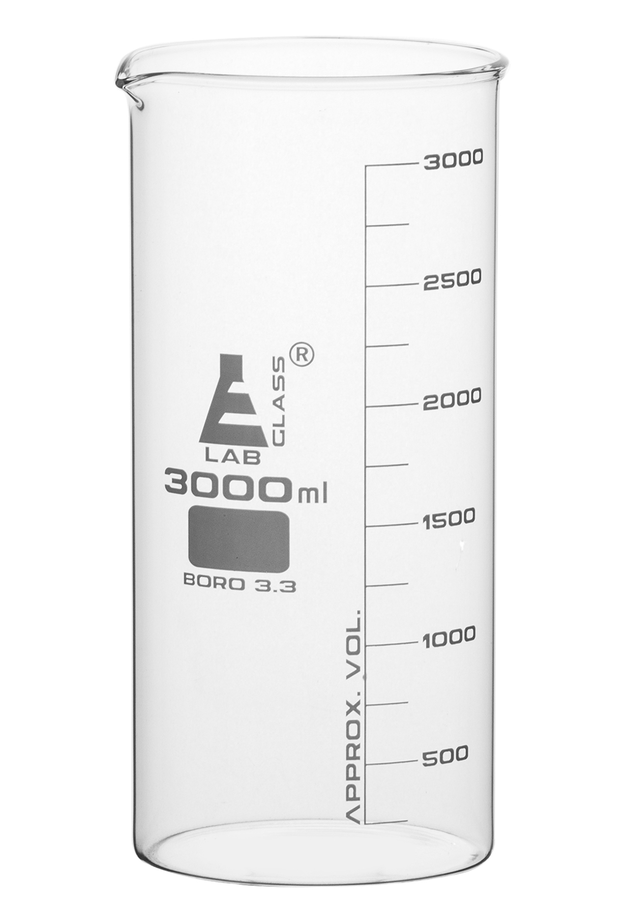 Beaker, 3000ml - Tall Form with Spout - White, 250ml Graduations - Borosilicate 3.3 Glass