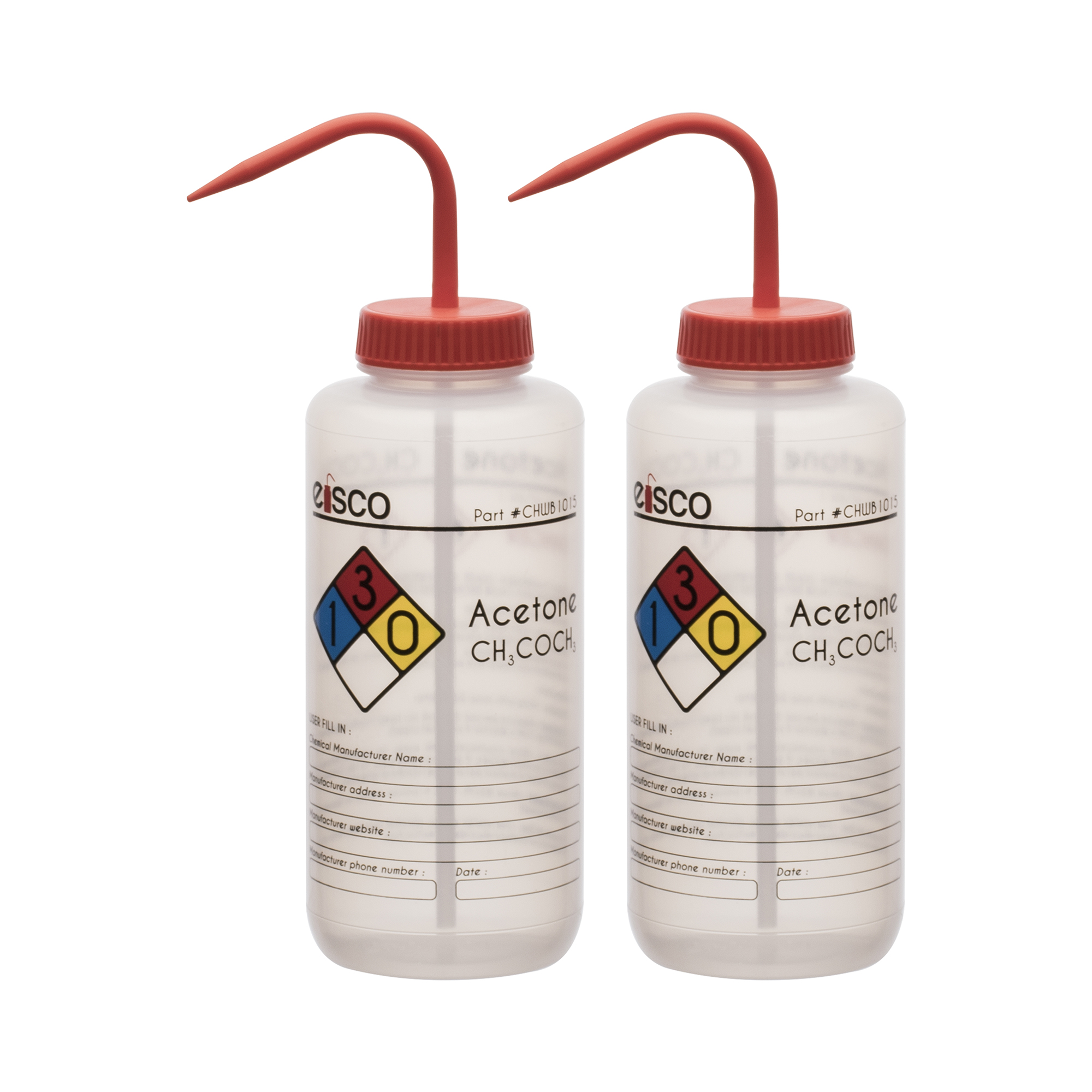 2PK Wash Bottle for Acetone, 1000ml - Labeled with Color Coded Chemical & Safety Information (4 Colors) - Wide Mouth, Self Venting, Low Density Polyethylene