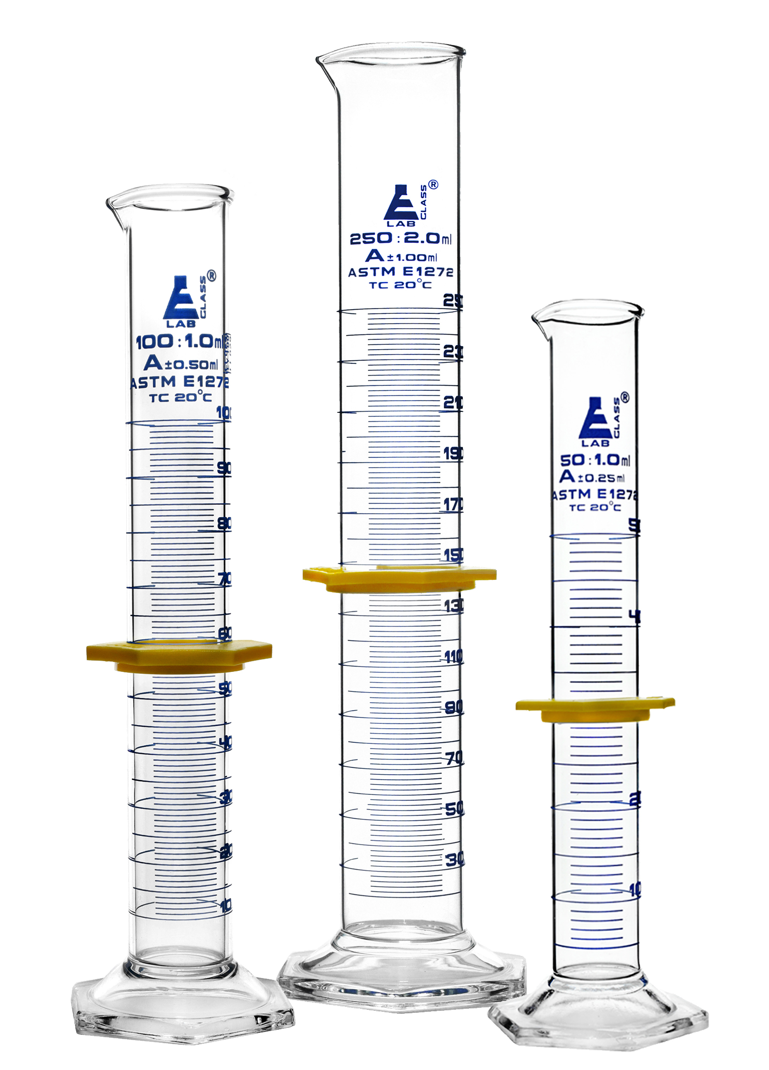 Premium Measuring Cylinder Set - 50ml, 100ml & 250ml - ASTM, Class A - Protective Collars, Hexagonal Base - Blue Graduations - Borosilicate 3.3 Glass