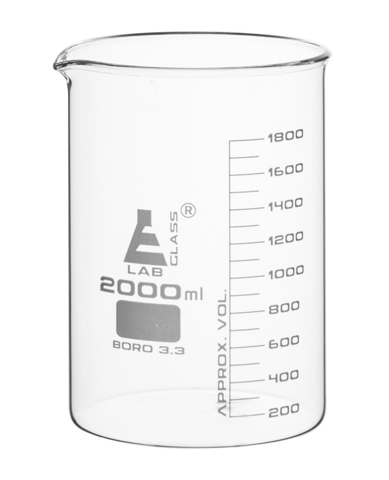 Beaker, 2000ml - Borosilicate Glass, Low Form, with Spout - 200ml Graduations