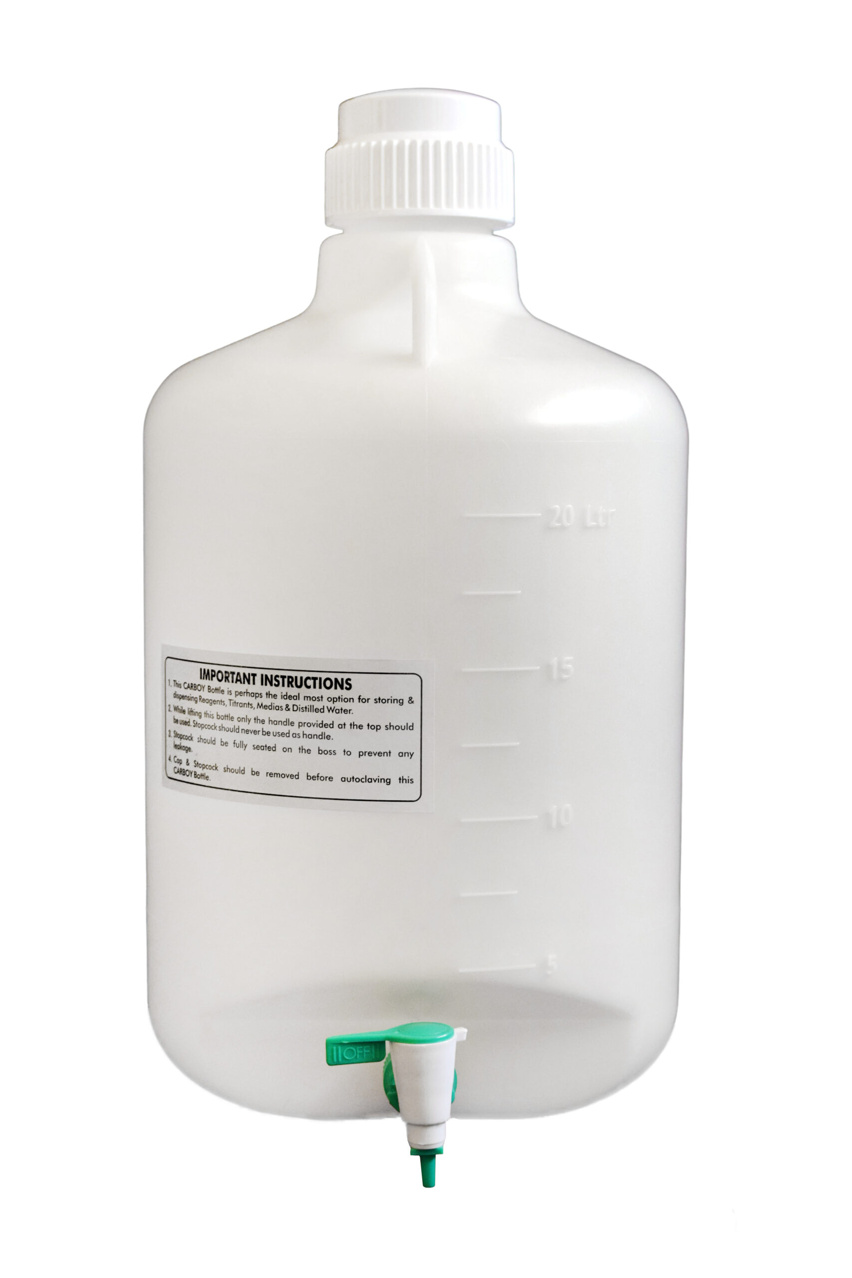 Carboy Bottle with Stopcock, 20 Liter Capacity, White Premium Polypropylene with 2 Handles
