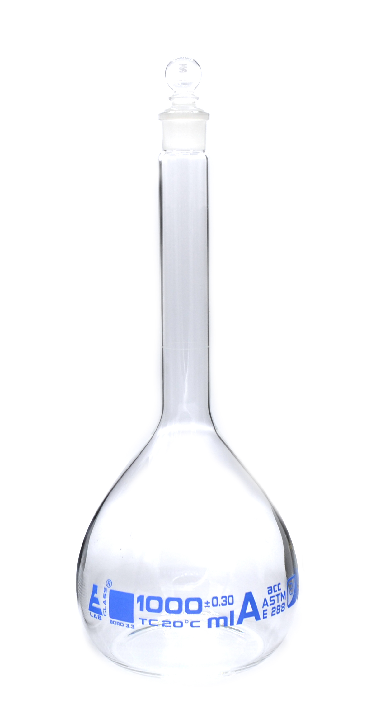 Volumetric Flask, 1000mL - Class A, ASTM - Tolerance ±0.300 mL - Glass Stopper - Single, Blue Graduation