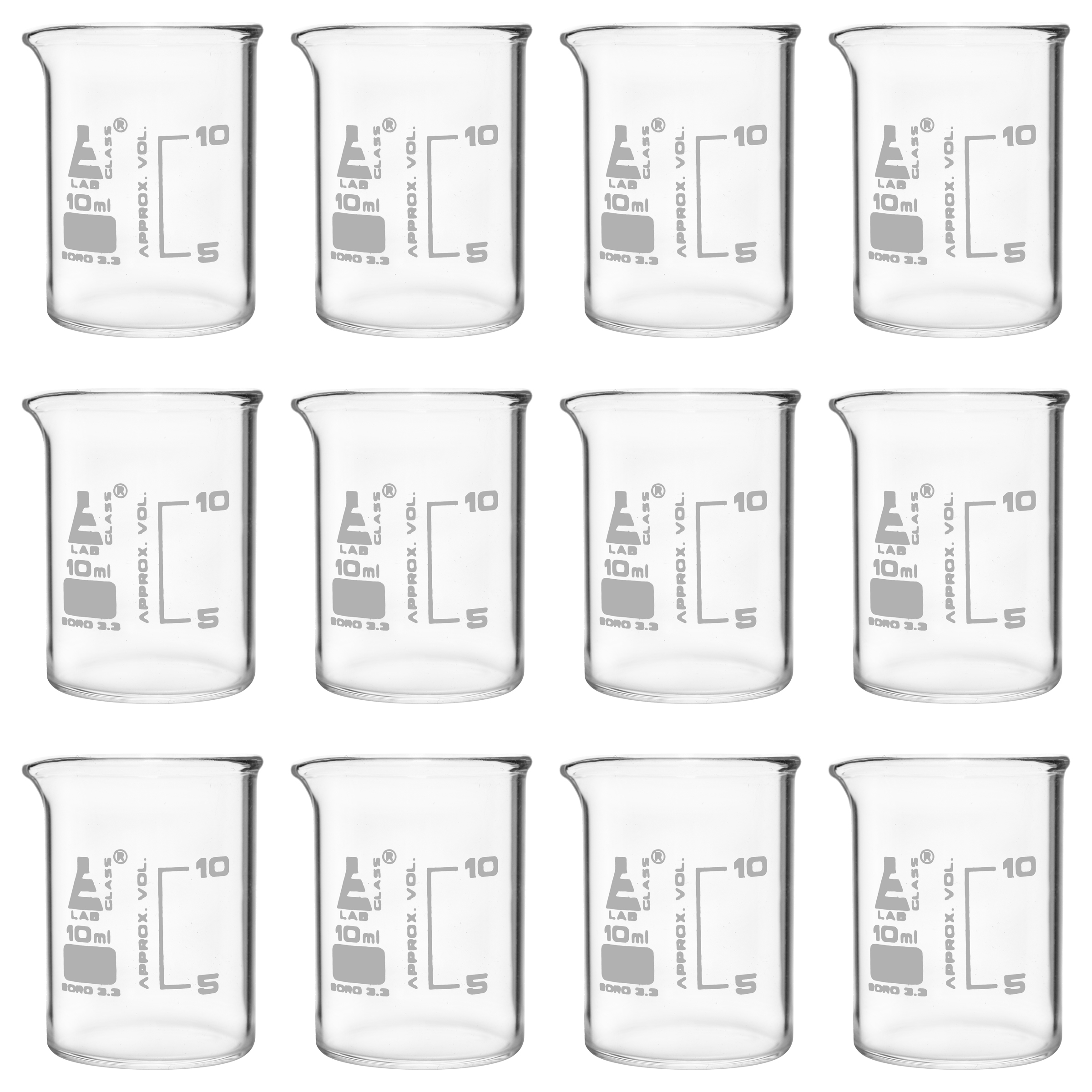 Beaker, 10ml - ASTM - Low Form with Spout - White Graduations - Borosilicate 3.3 Glass