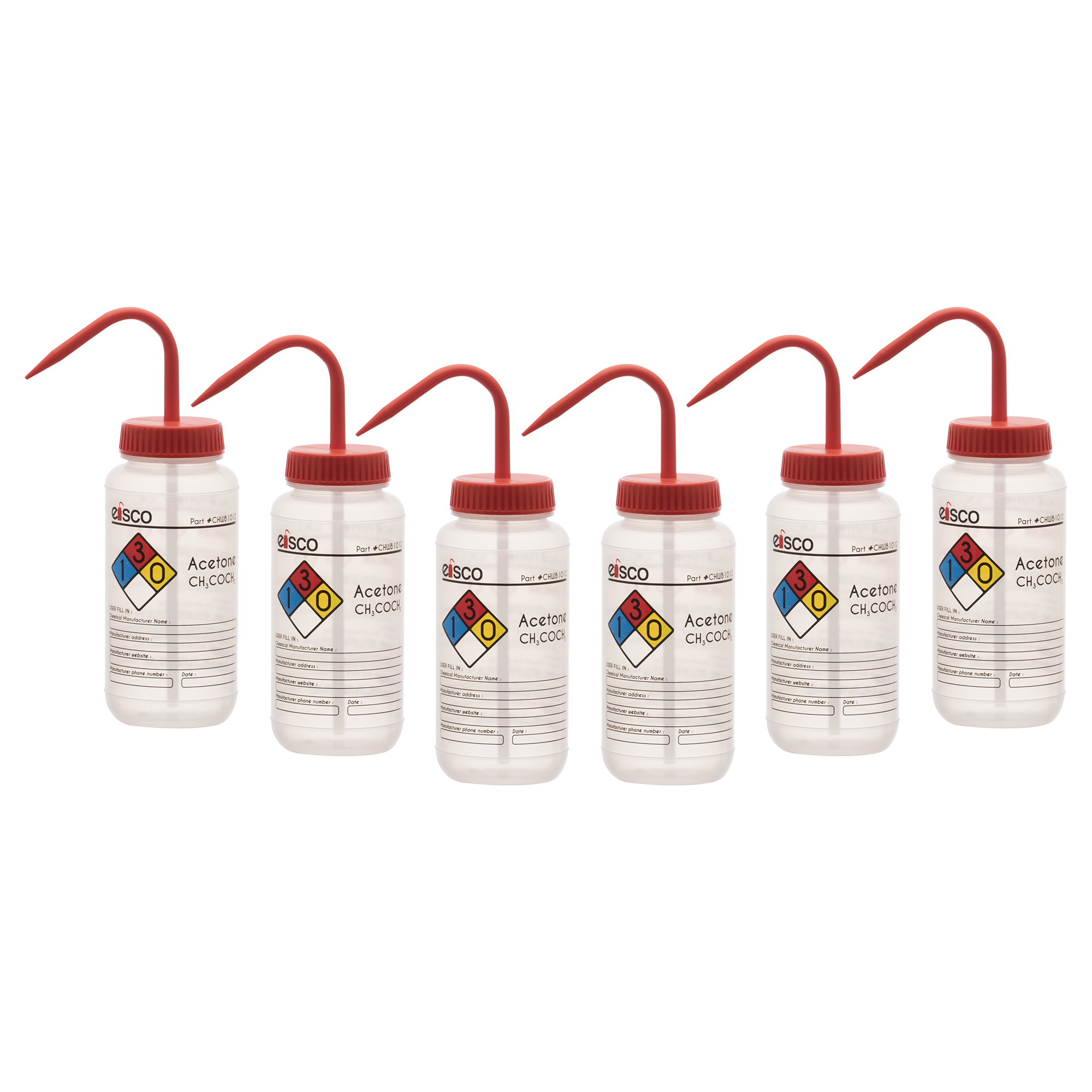 6PK Wash Bottle for Acetone, 500ml - Labeled with Color Coded Chemical & Safety Information (4 Colors) - Wide Mouth, Self Venting, Low Density Polyethylene