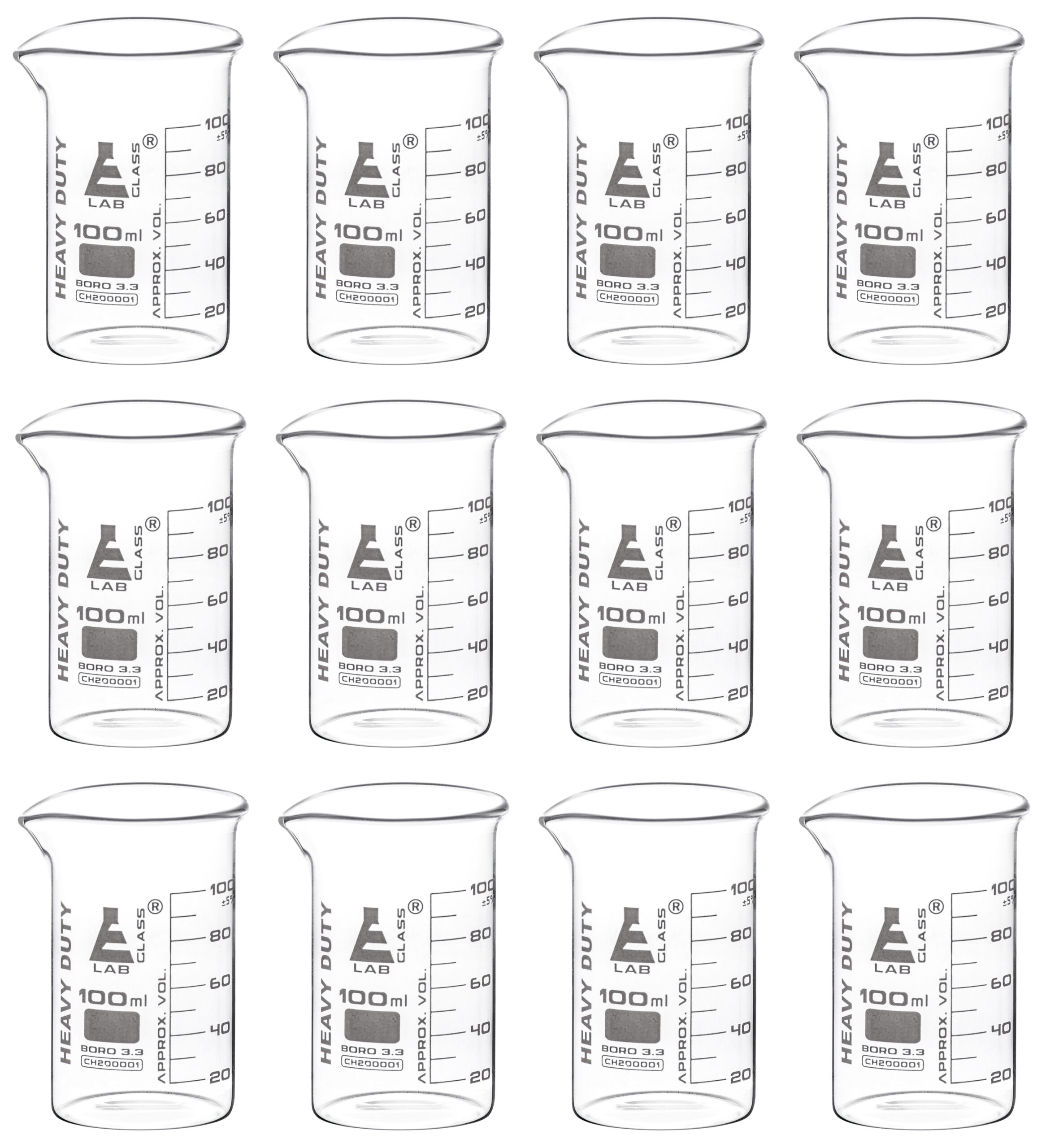 12PK Heavy Duty Beakers, 100ml - 5mm Thick, Uniform Walls - Superior Durability & Chemical Resistance - White Graduations - Borosilicate 3.3 Glass