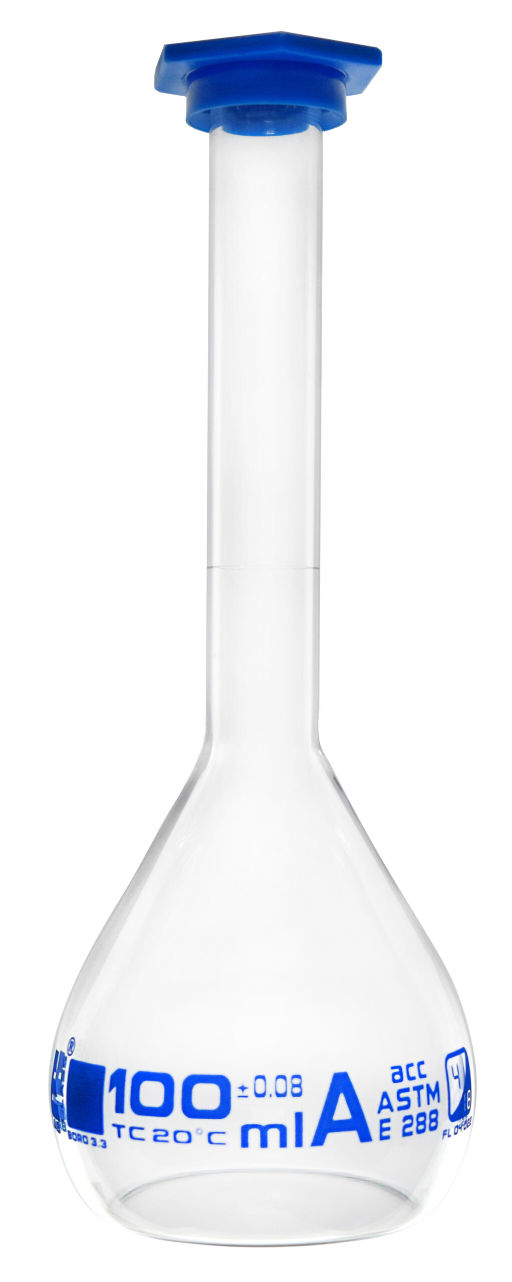 Volumetric Flask, 100ml - Class A, ASTM - Snap Cap - Blue Graduation Mark, Tolerance ±0.080ml - Borosilicate Glass