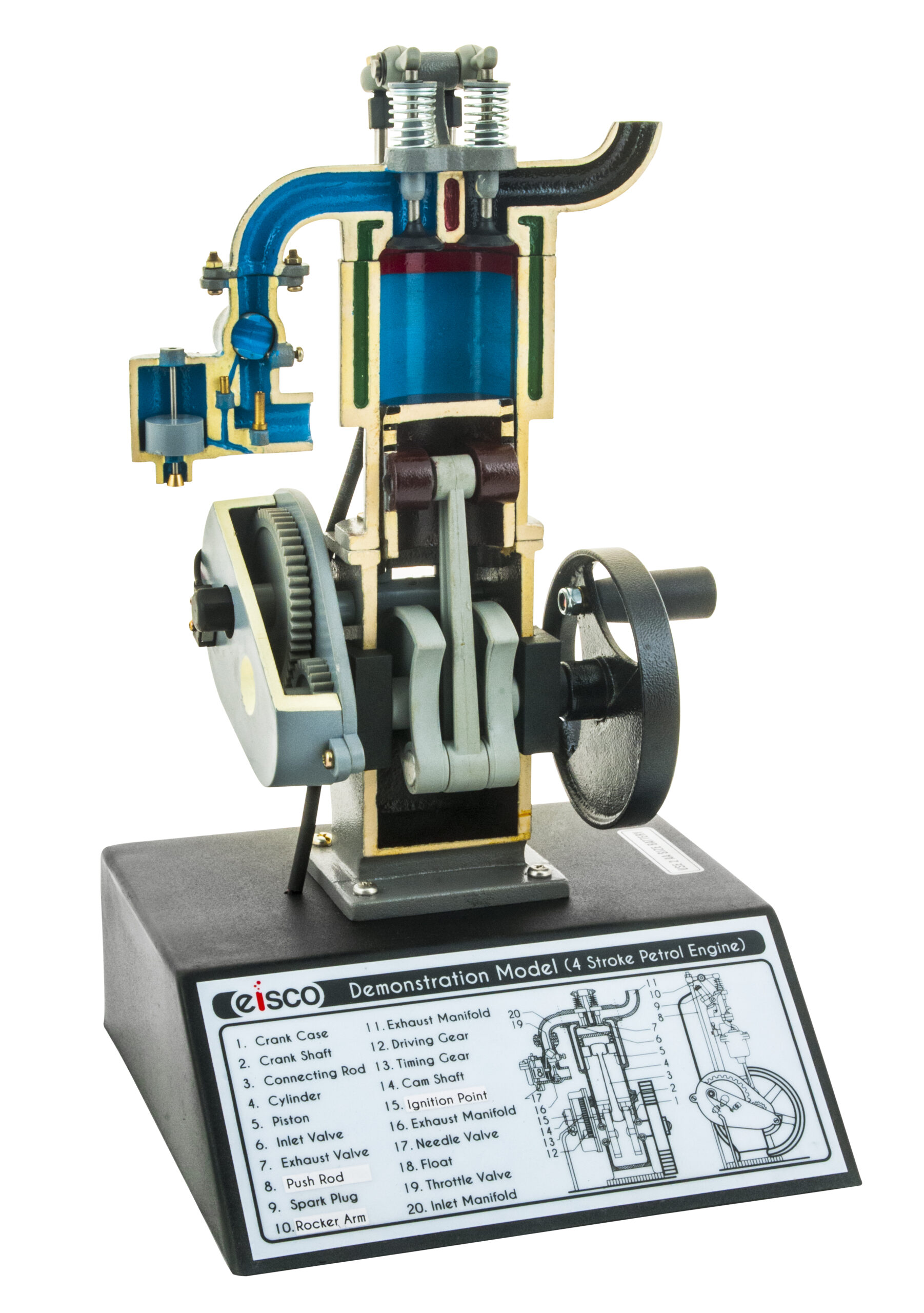 4 Stroke Gasoline Hand Crank Engine Model with Actuating Movable Parts to Demonstrate Engine Basics - 13.75" Tall