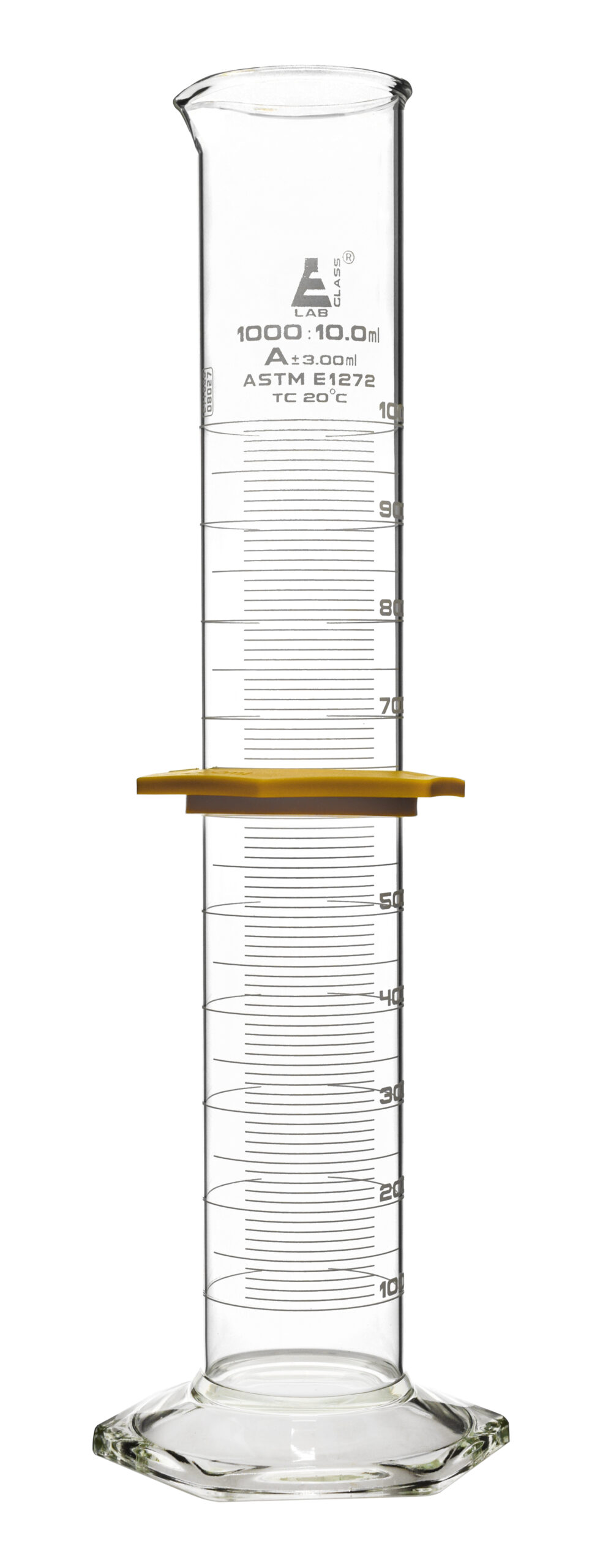 Measuring Cylinder, 1000mL - ASTM, Class A Tolerance ±3.00mL - Protective Collar, Hexagonal Base - Blue Graduations - Borosilicate 3.3 Glass