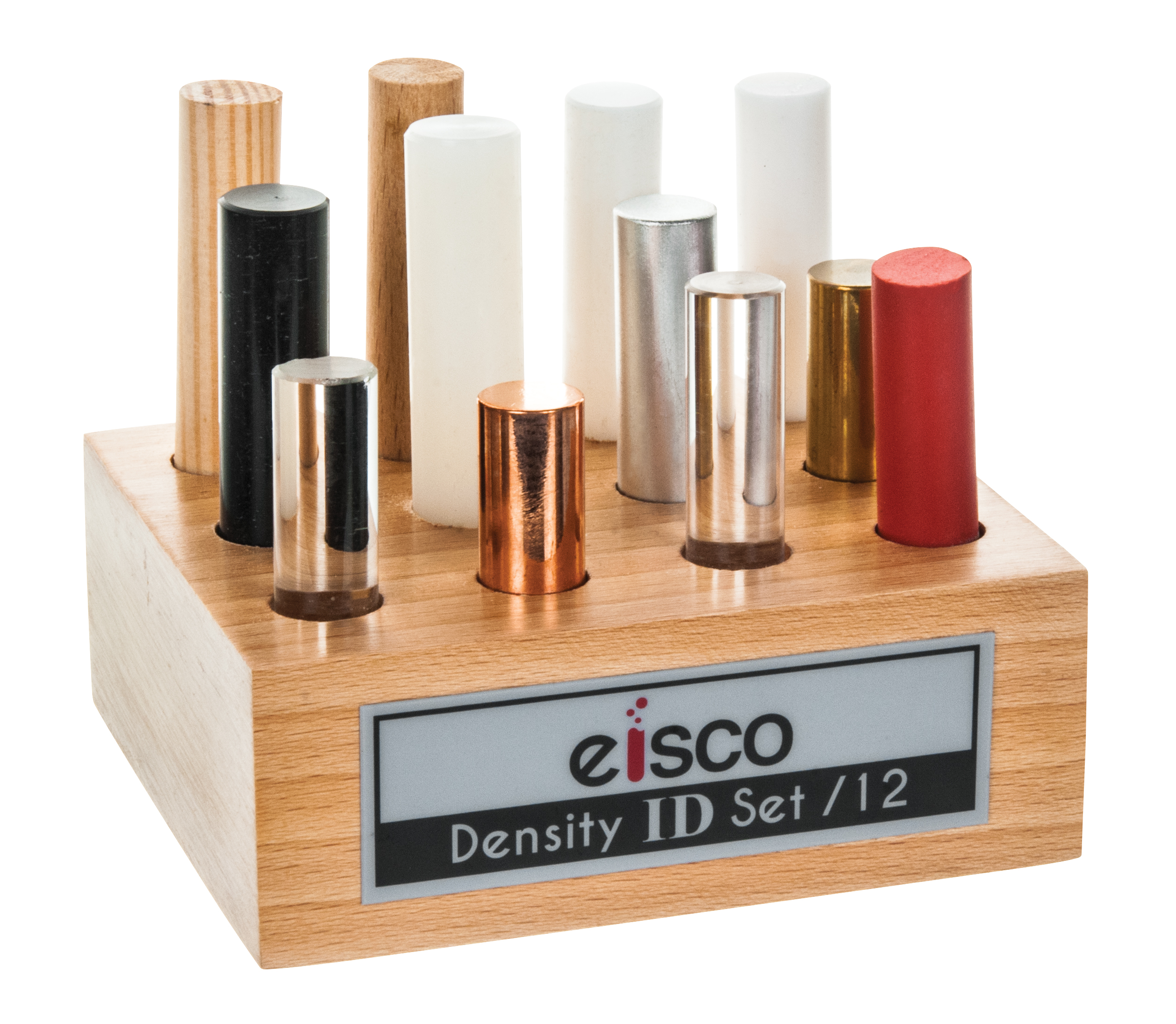 12pc Cylindrical Bars Density ID Set - Hardwood, Softwood, Aluminum, Copper, Brass, Rubber, Nylon, Derlin, PVC, Glass, Acrylic & Teflon - Includes Storage Block - Study Density & Mass