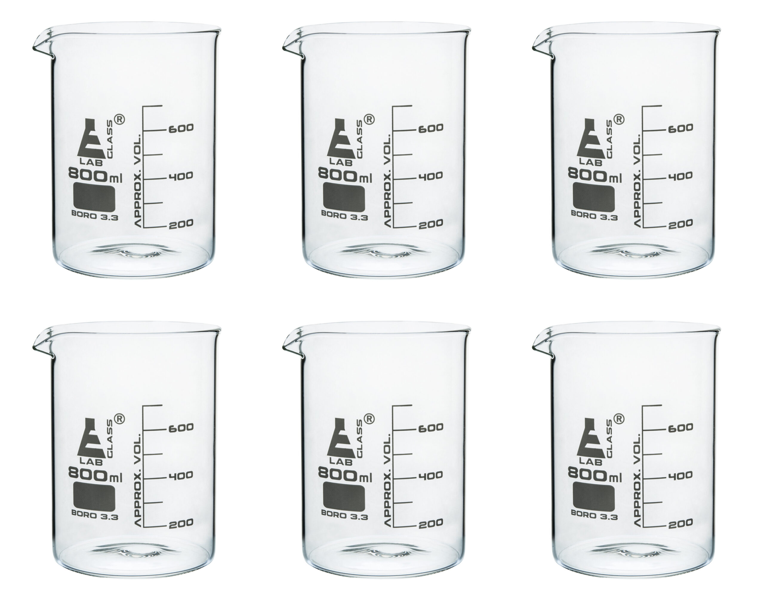 6PK Beakers, 800ml - Griffin Style, Low Form with Spout - White, 100ml Graduations - Borosilicate 3.3 Glass