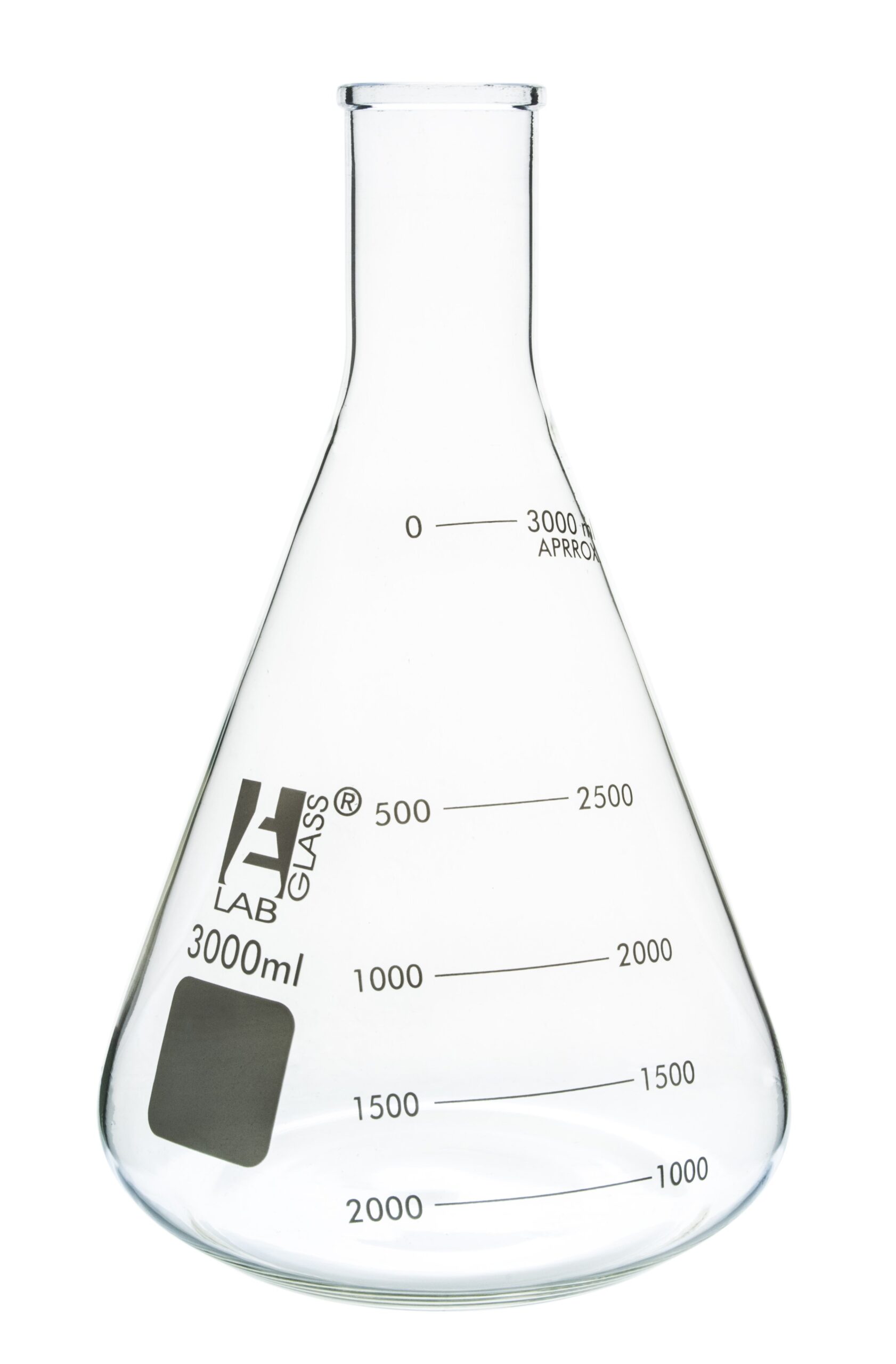 Erlenmeyer Flask, 3000ml - Borosilicate Glass - Narrow Neck, Conical Shape - White Graduations