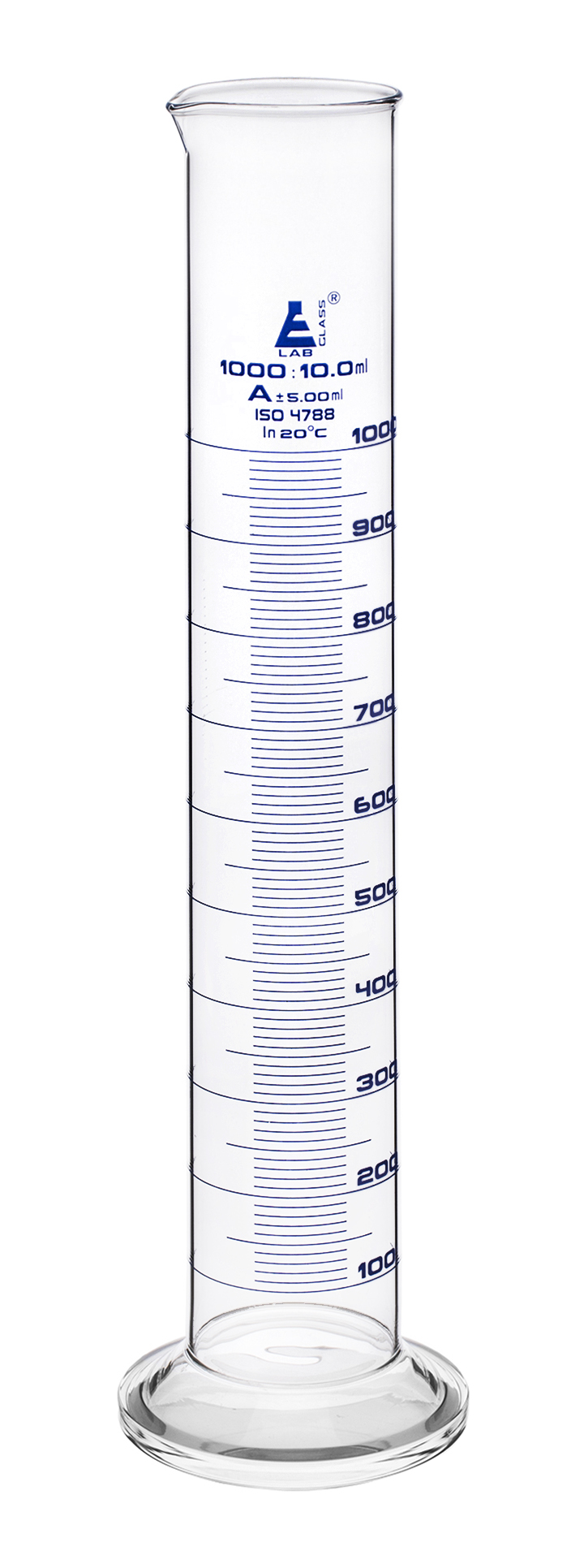 Graduated Cylinder, 1000ml - Class A Tolerance ±5.00ml - Round Base - Blue Graduations - Borosilicate 3.3 Glass