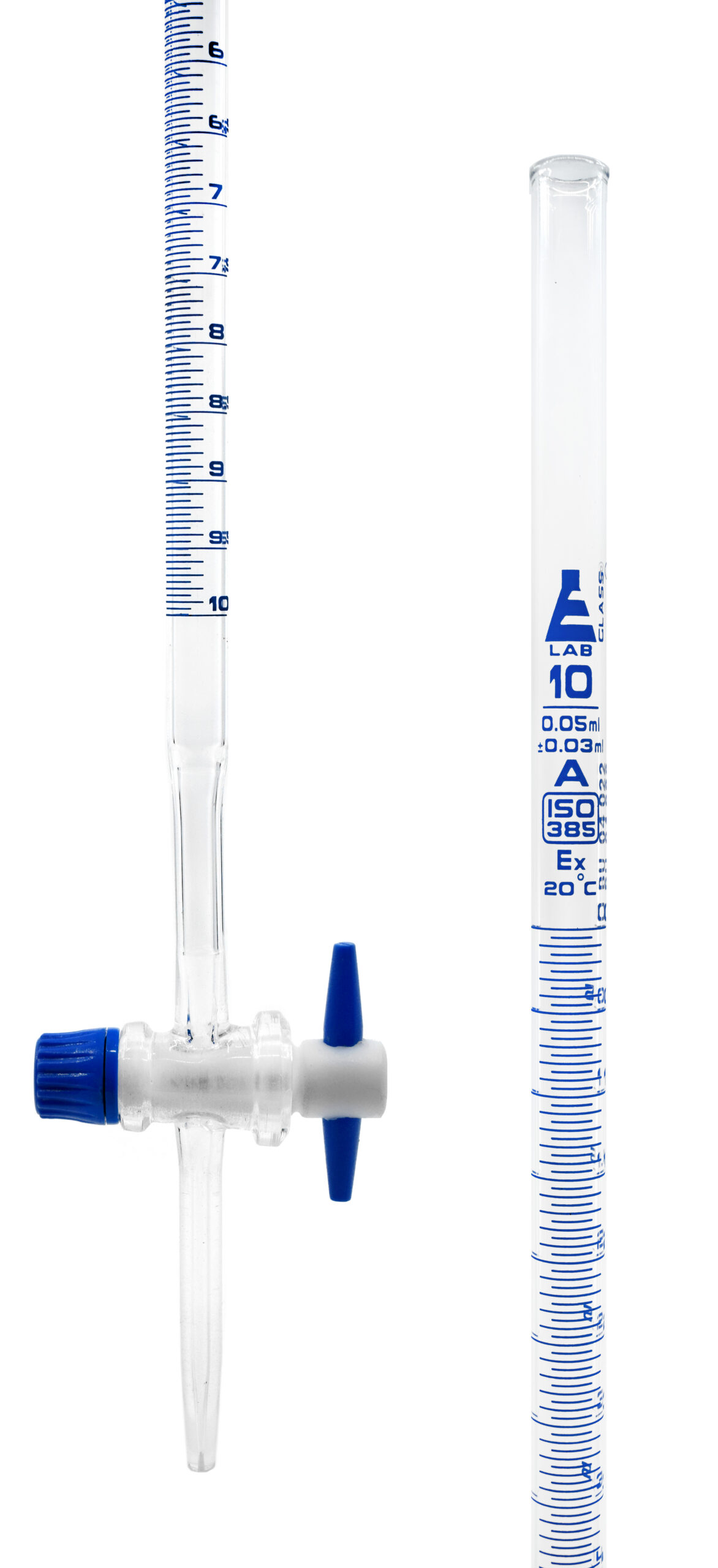 Burette with PTFE Key Stopcock, 10ml - Class A - 0.05ml Sub Div. Blue Graduations - ±0.03ml Tolerance - Borosilicate Glass