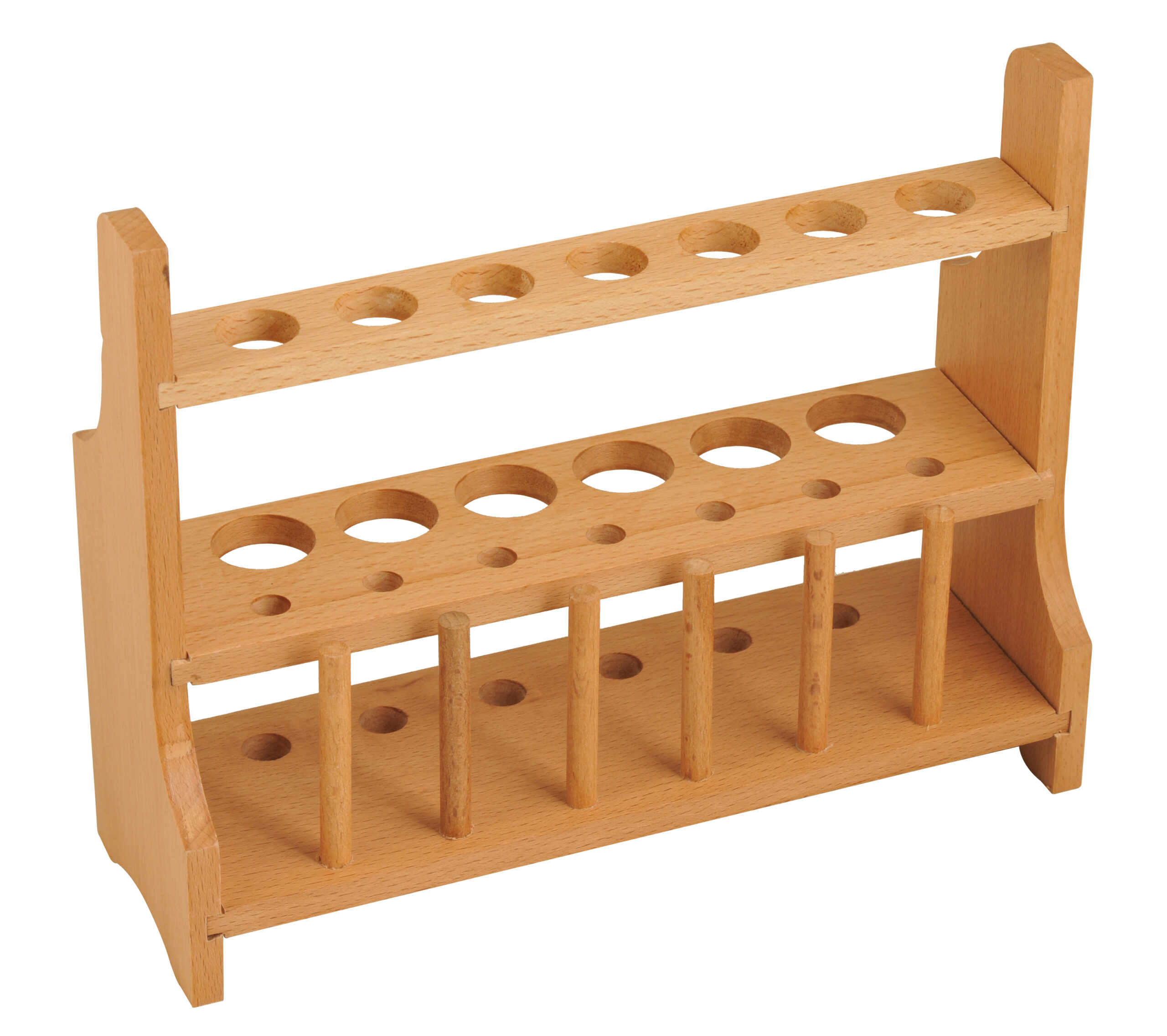 Wooden Test Tube Rack with 6 Draining Pins - Accommodates 13 Tubes, up to 25mm - 10.25" Wide, 8" tall - Premium Polished Beech Wood Construction
