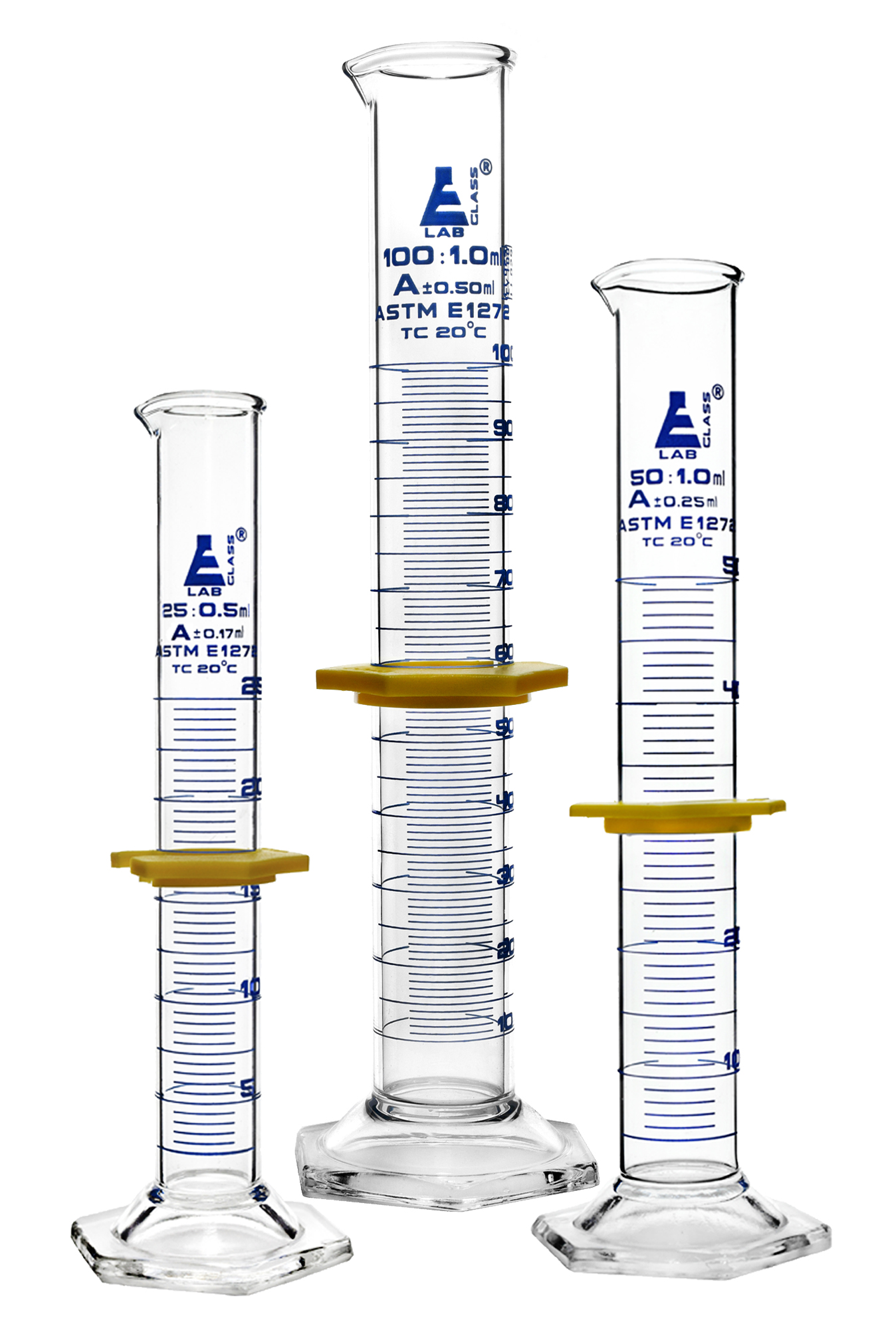 Premium Measuring Cylinder Set - 25ml, 50ml & 100ml - ASTM, Class A - Protective Collars, Hexagonal Base - Blue Graduations - Borosilicate 3.3 Glass