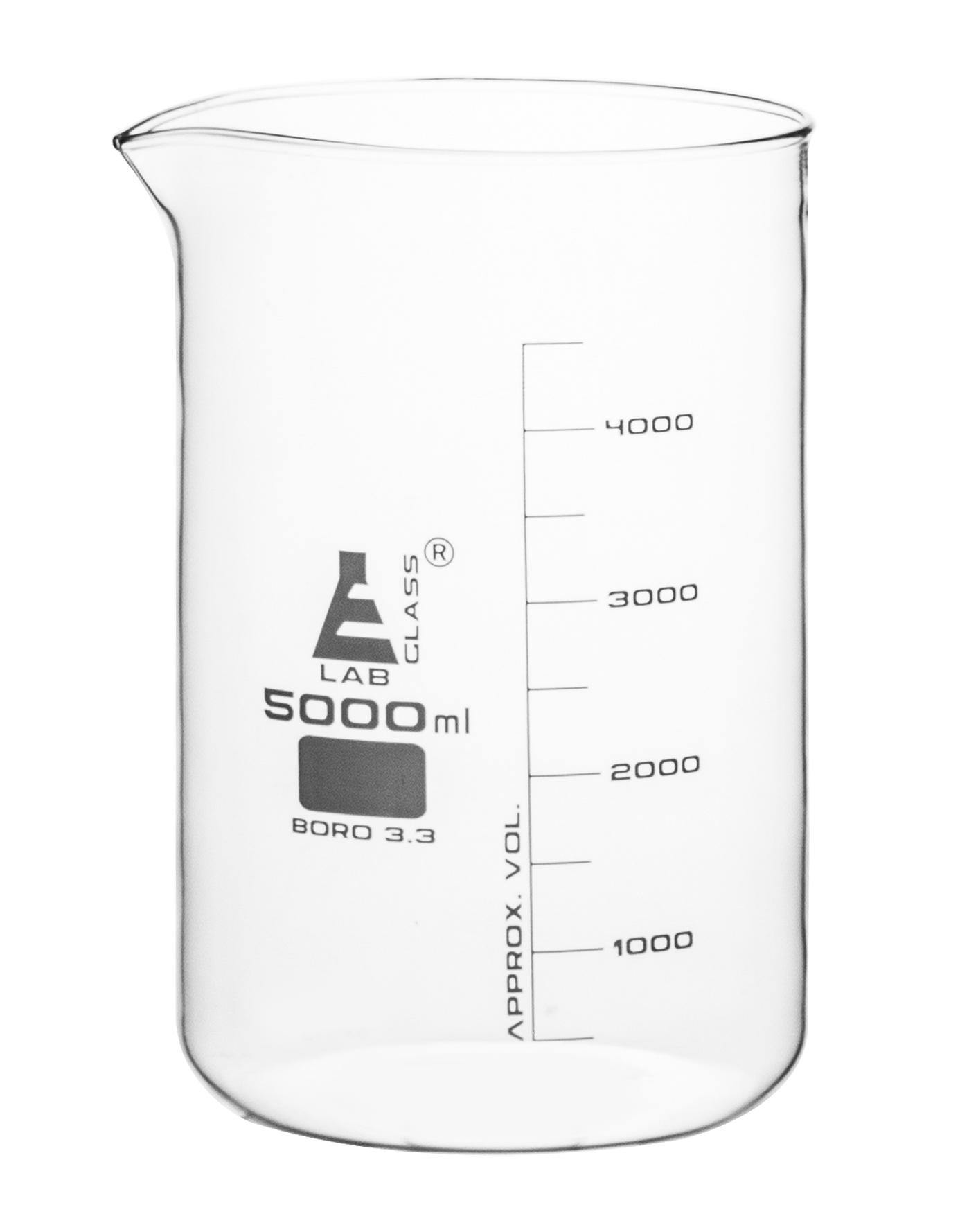 Beaker, 5000ml - Borosilicate Glass, Low Form, with Spout - 500ml Graduations