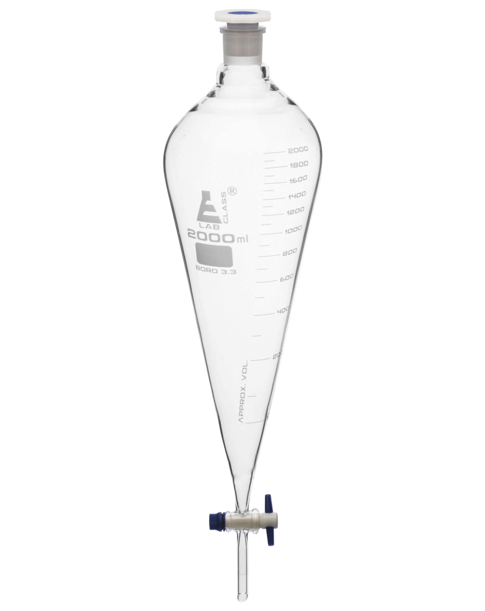Squibb Separating Funnel, 2000ml - 29/32 Plastic Stopper, PTFE Key Stopcock, Graduated - Borosilicate Glass