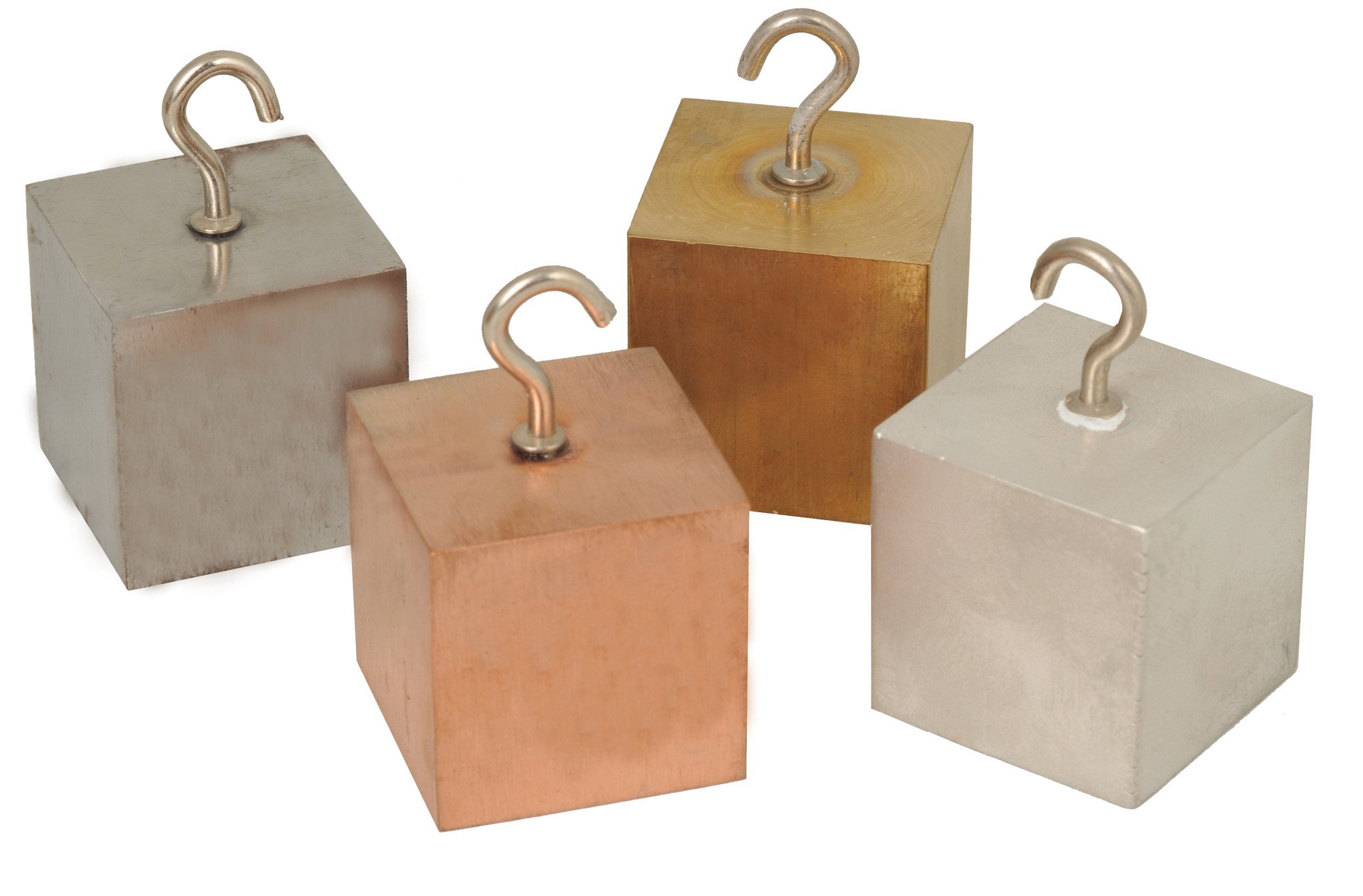 Density Cubes Set with Hooks - Includes 4 Metals - Brass, Copper, Aluminum & Steel - 1.25" (32mm) Sides - For use with Density, Specific Gravity Activities