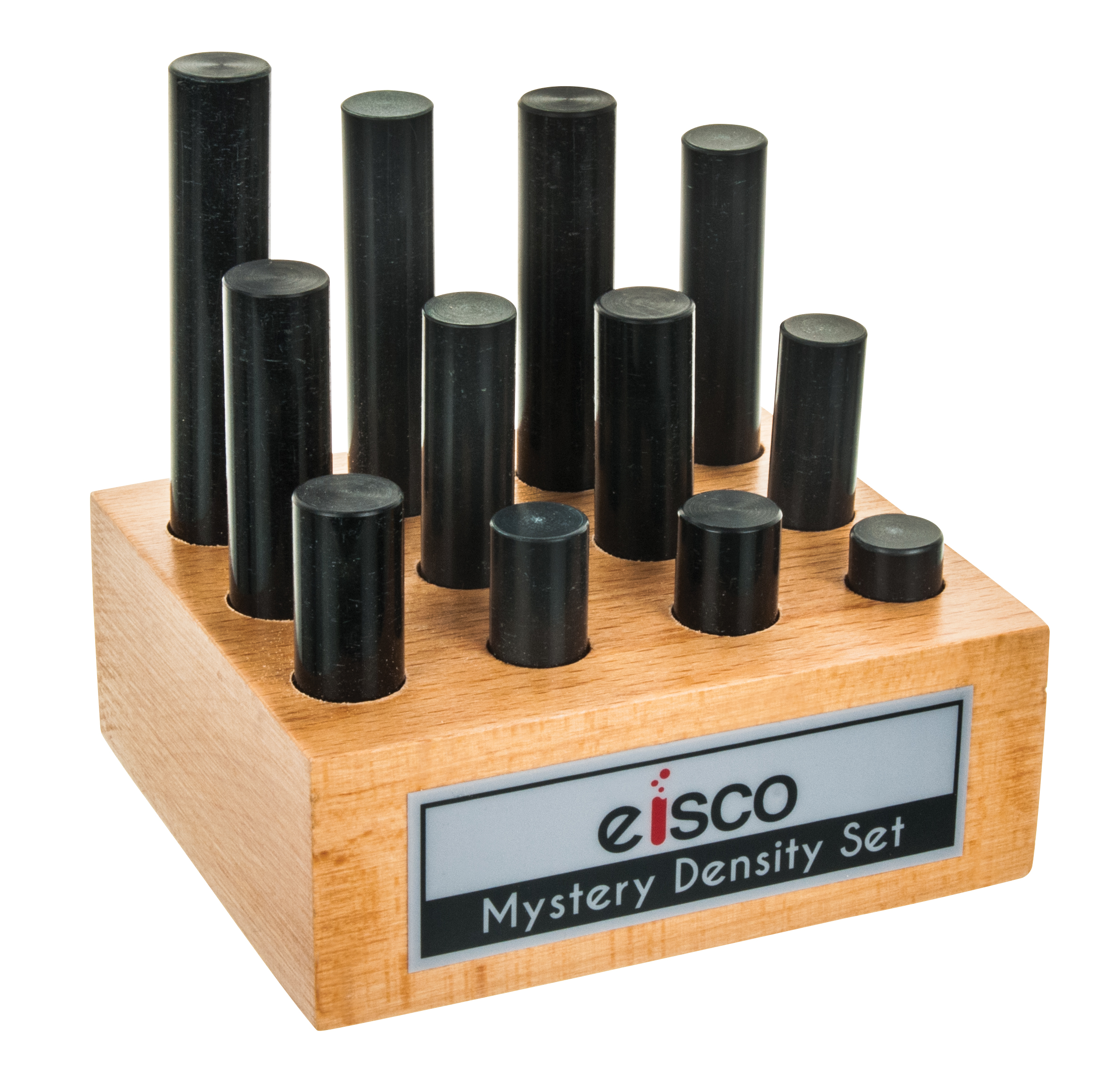 12pc Mystery Density Activity Set - Cylindrical Bars, Various Lengths - Includes Wooden Storage Block - For Identification Exercises and Studying Density & Mass