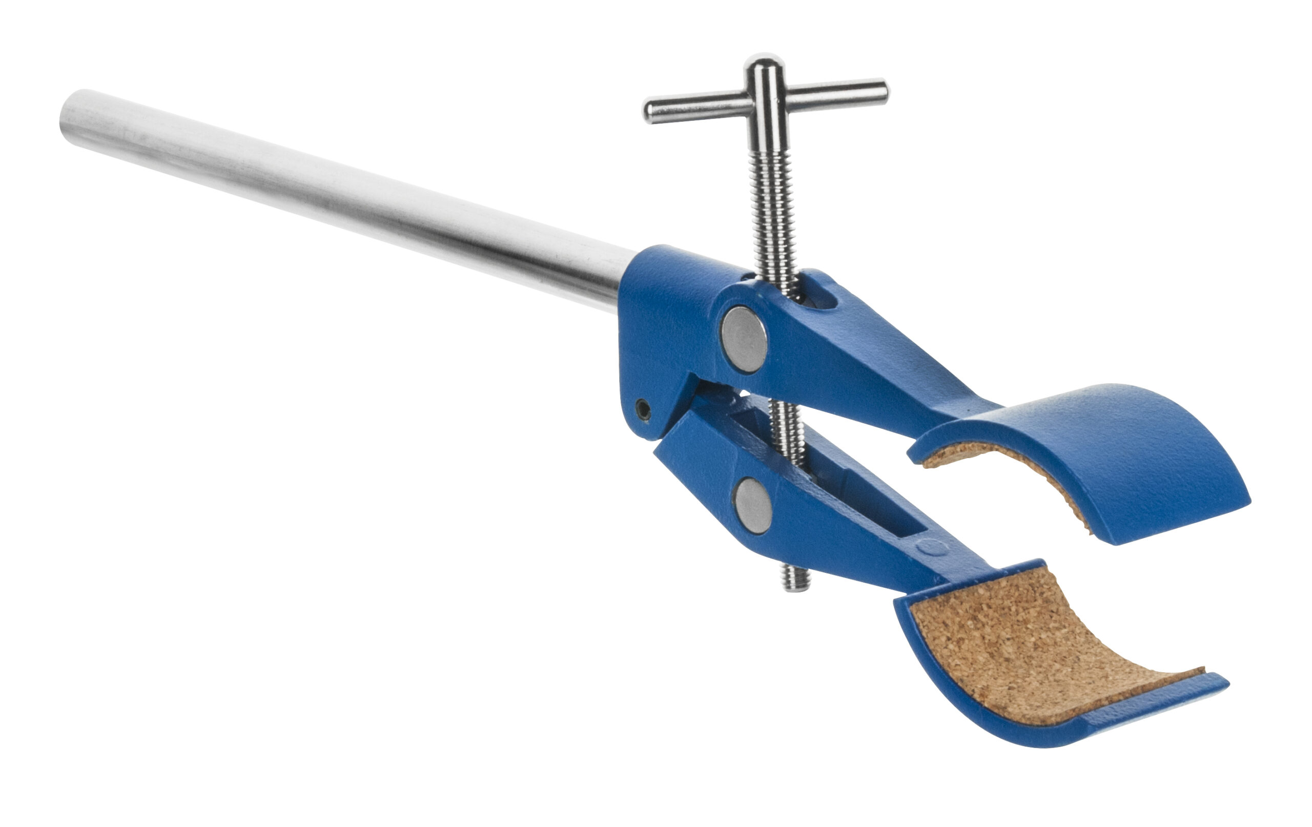 2 Prong, Cork Lined, Burette, Flask, Beaker Clamp on Stainless Steel Rod - 4.3" Max Clamp Opening, 5.5" Rod - Powder Coated Zinc Clamp - Research, Industrial Laboratory Grade