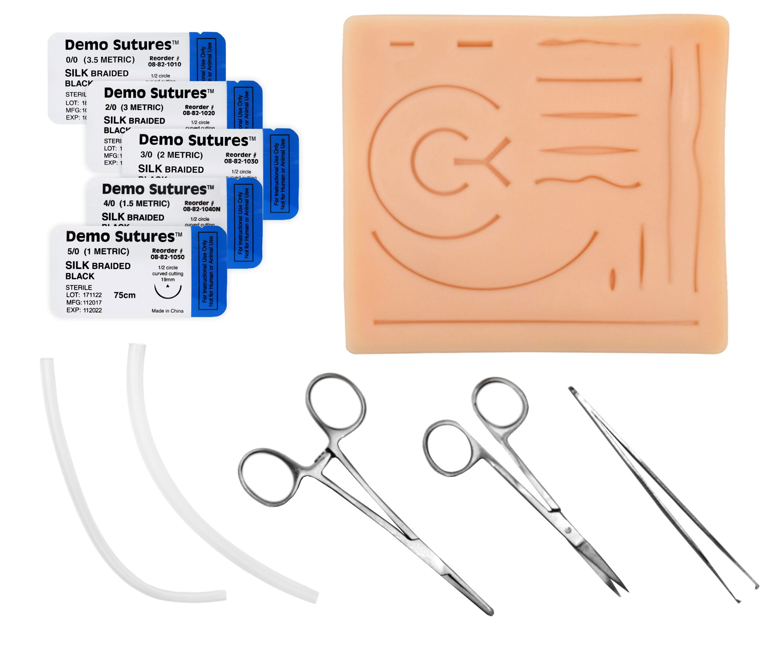 Practice Suture Kit - Premium, Life-Like Plastic Suture Pad with Common Cuts & Lacerations - Needle Holder, Forceps, Scissors, Tubing, Needles & Sutures - Made by Physicians