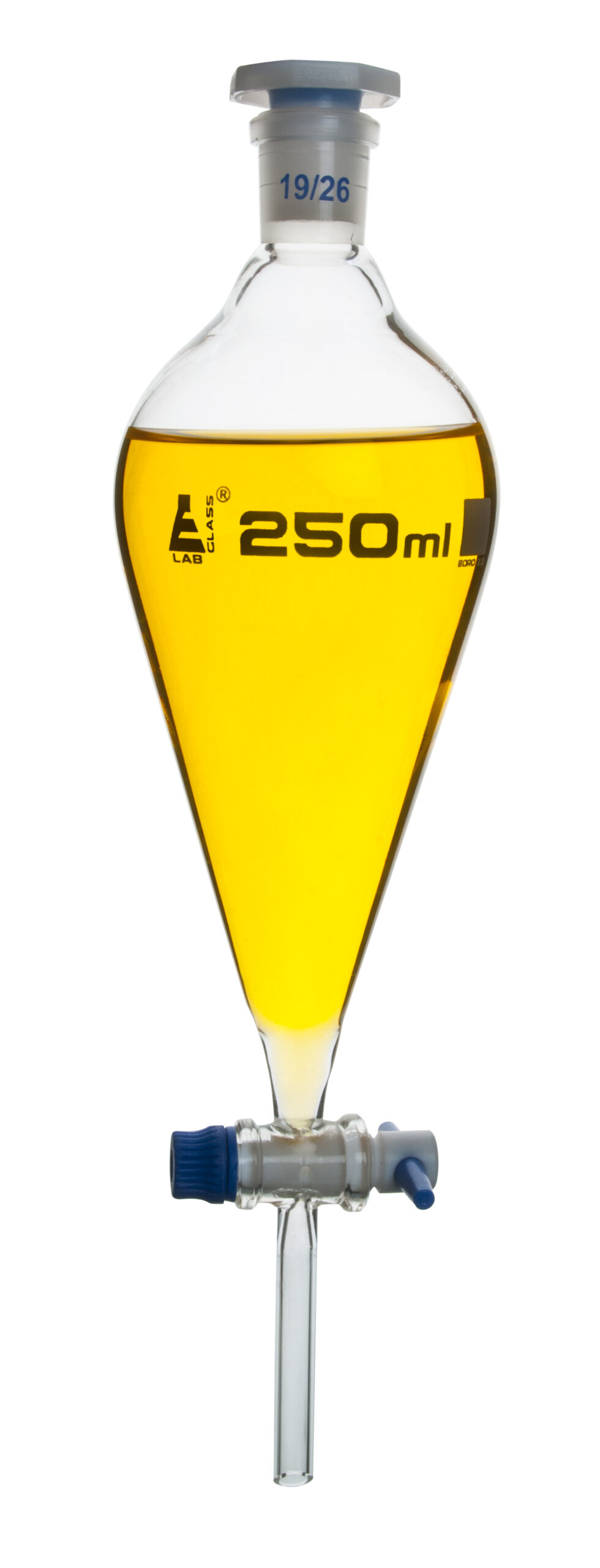 Squibb Separating Funnel, 250ml - 19/26 Plastic Stopper, PTFE Key Stopcock, Ungraduated - Borosilicate Glass