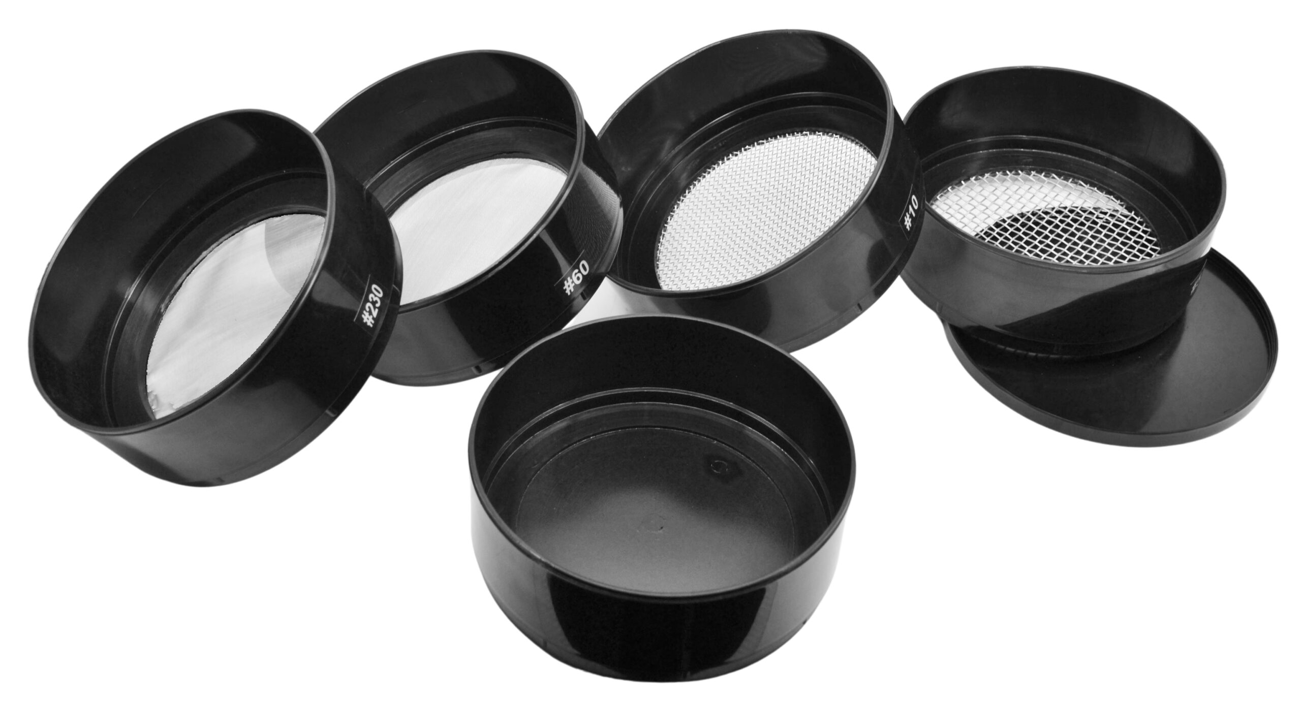 6 Piece Stackable Assorted Mesh Sieve Set, 7 Inch - Plastic - Includes #5, #10, #60, and #230 Plus Bottom Pan and Cover