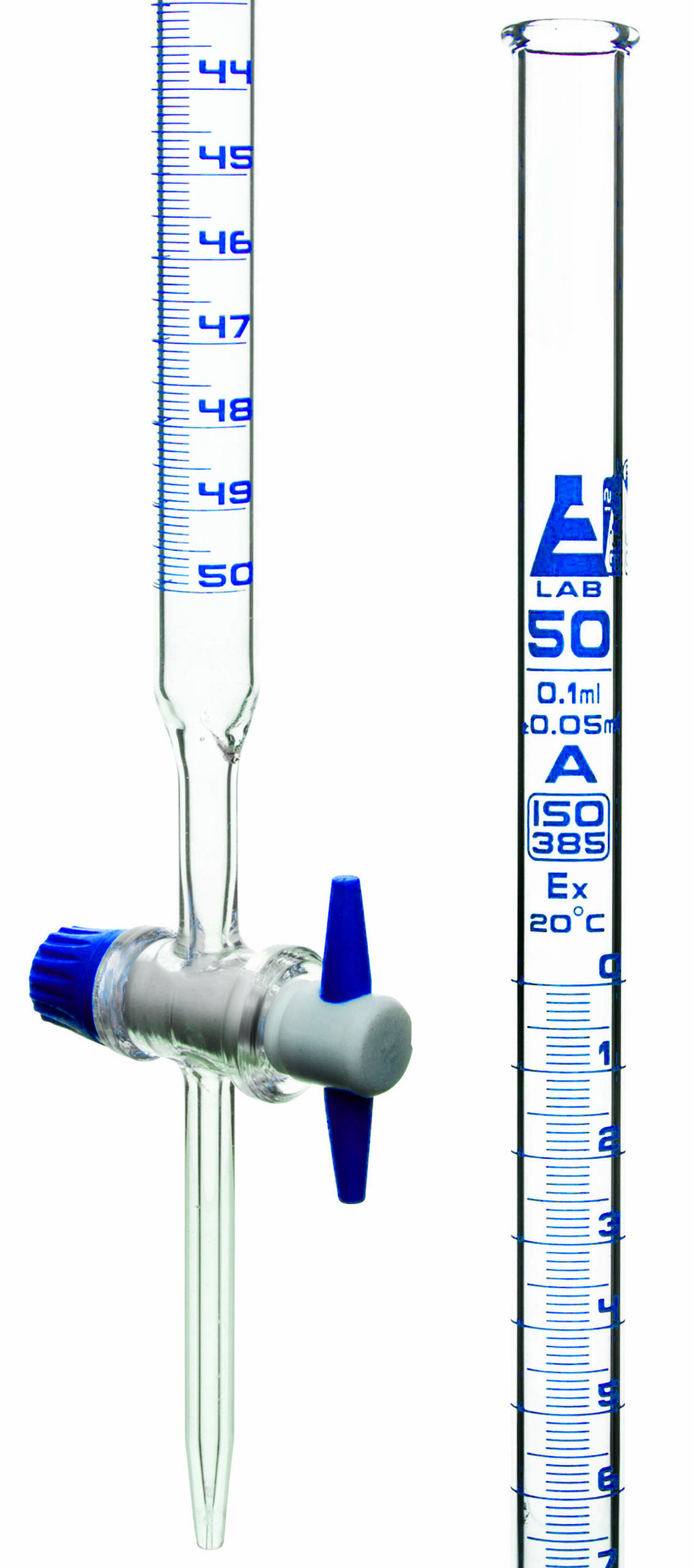 Burette, 50ml - Class A, ±0.05ml Accuracy - Borosilicate Glass - Straight Bore PTFE Stopcock - 0.1ml Blue Graduations