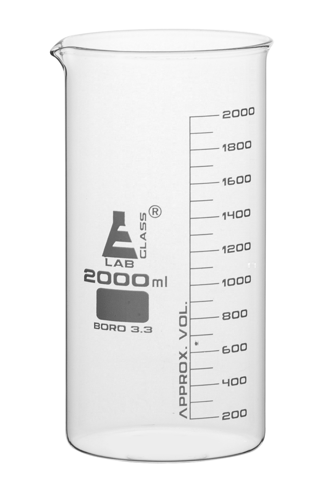 Beaker, 2000ml - Tall Form with Spout - White, 100ml Graduations - Borosilicate 3.3 Glass