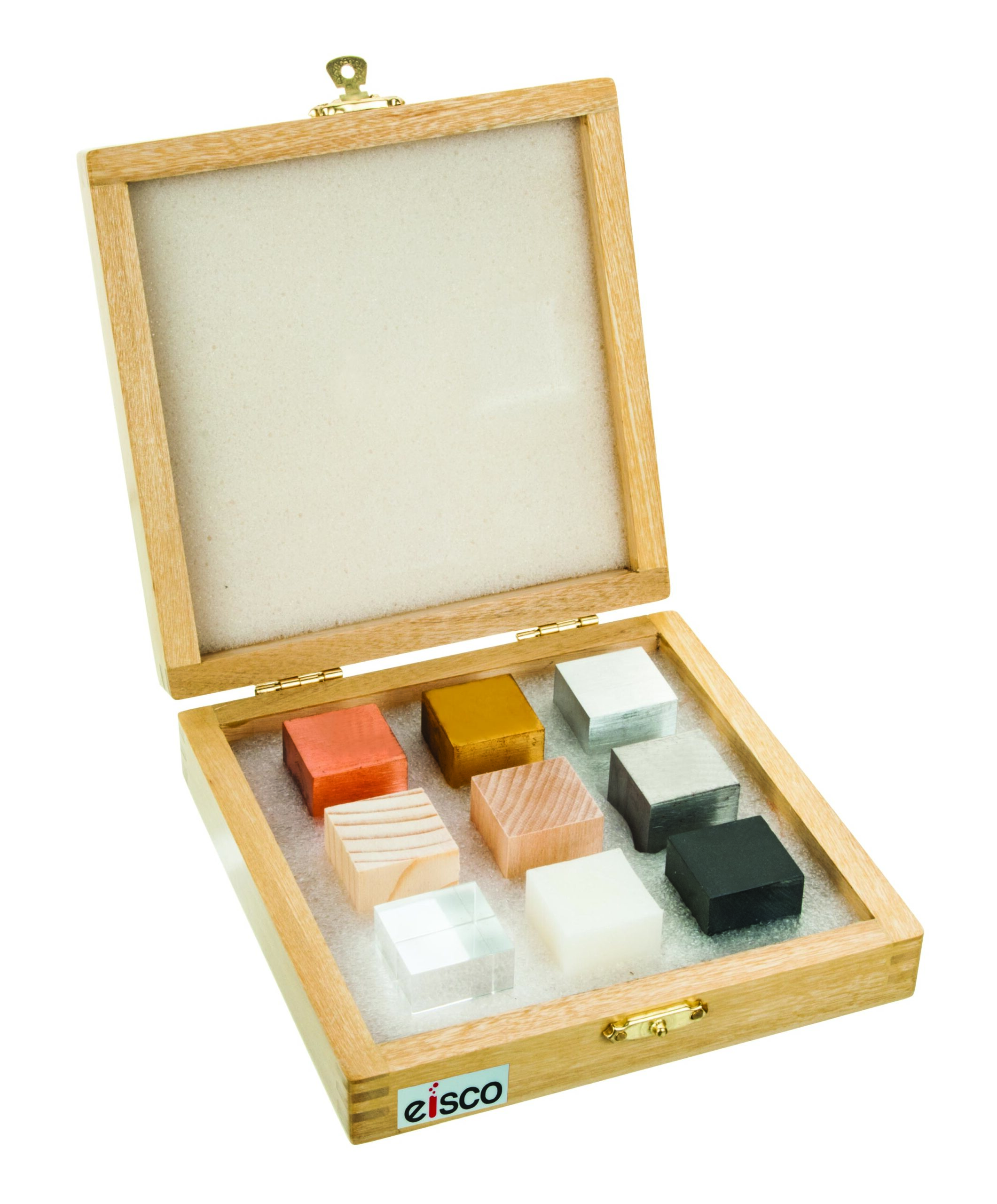 9pc Specimen Density Cube Set - 1" EA: Brass, Iron, Copper, Aluminum, Hardwood, Softwood, Nylon, PVC, Acrylic - Includes Wooden Storage Box