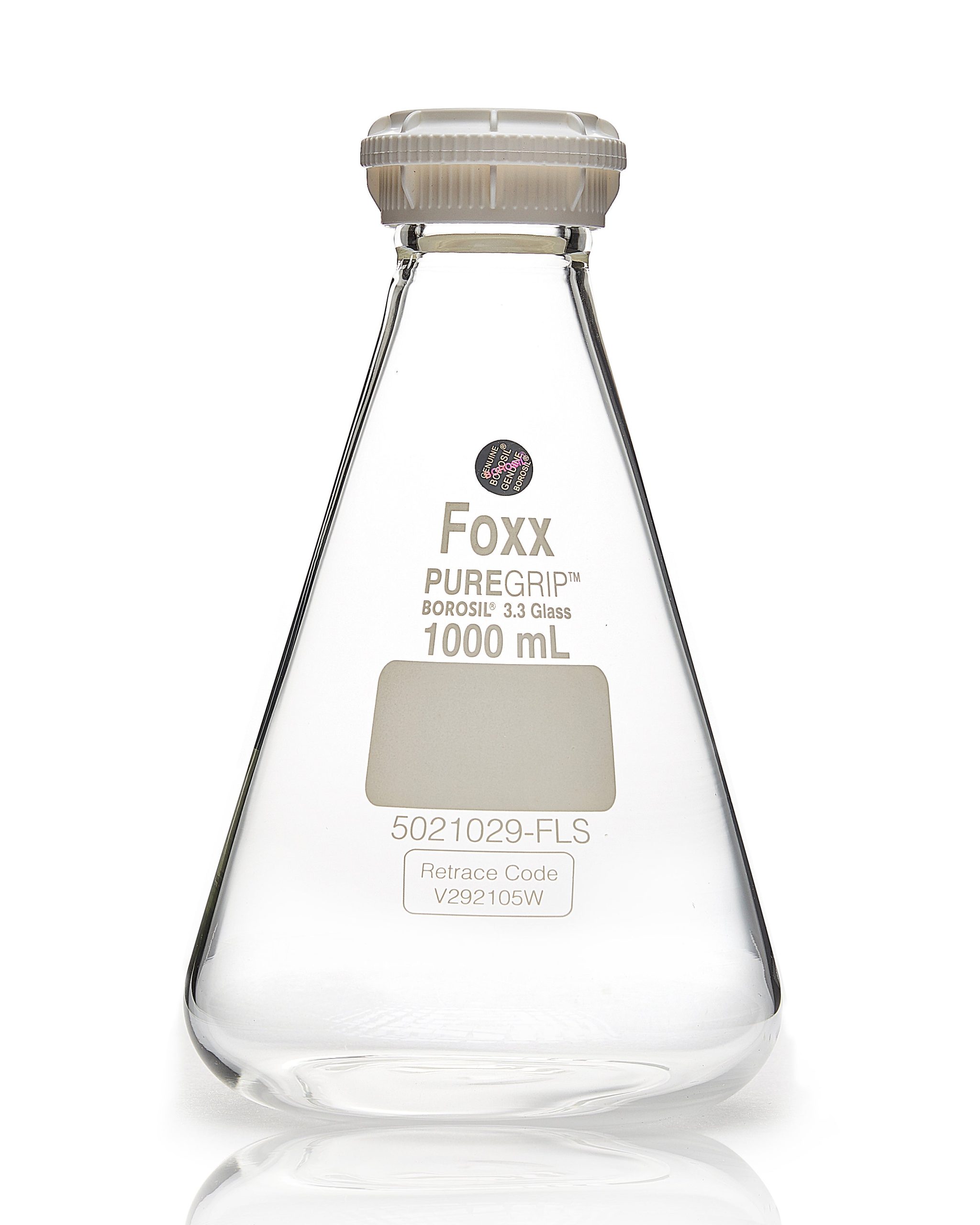 PUREGRIP Reusable Glass Erlenmeyer Flasks with GL45 VersaCap Screw Cap and Pouring Ring, 1 L (1,000 mL), 10/CS