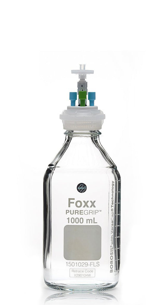 ChromCap™ 300 HPLC Solvent Reservoir System with VersaCap® GL45 and 1 L (1,000 mL) Clr. Glass Reagent Bottle, Class VI PTFE Adapter & Safety Air Inlet Valve, Four (4x) Ports- OD Tubing 3.2mm (1/8") or 1.6 mm (1/16"), 1/EA