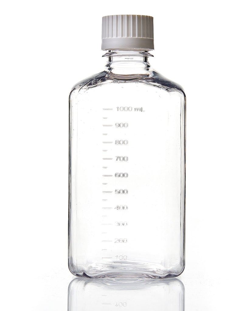 EZBio® 1 L (1,000 mL) PETG Media Bottles, Sterile, Square Storage Bottles with 38-430 mm White Closed VersaCap Closures, 12/PK